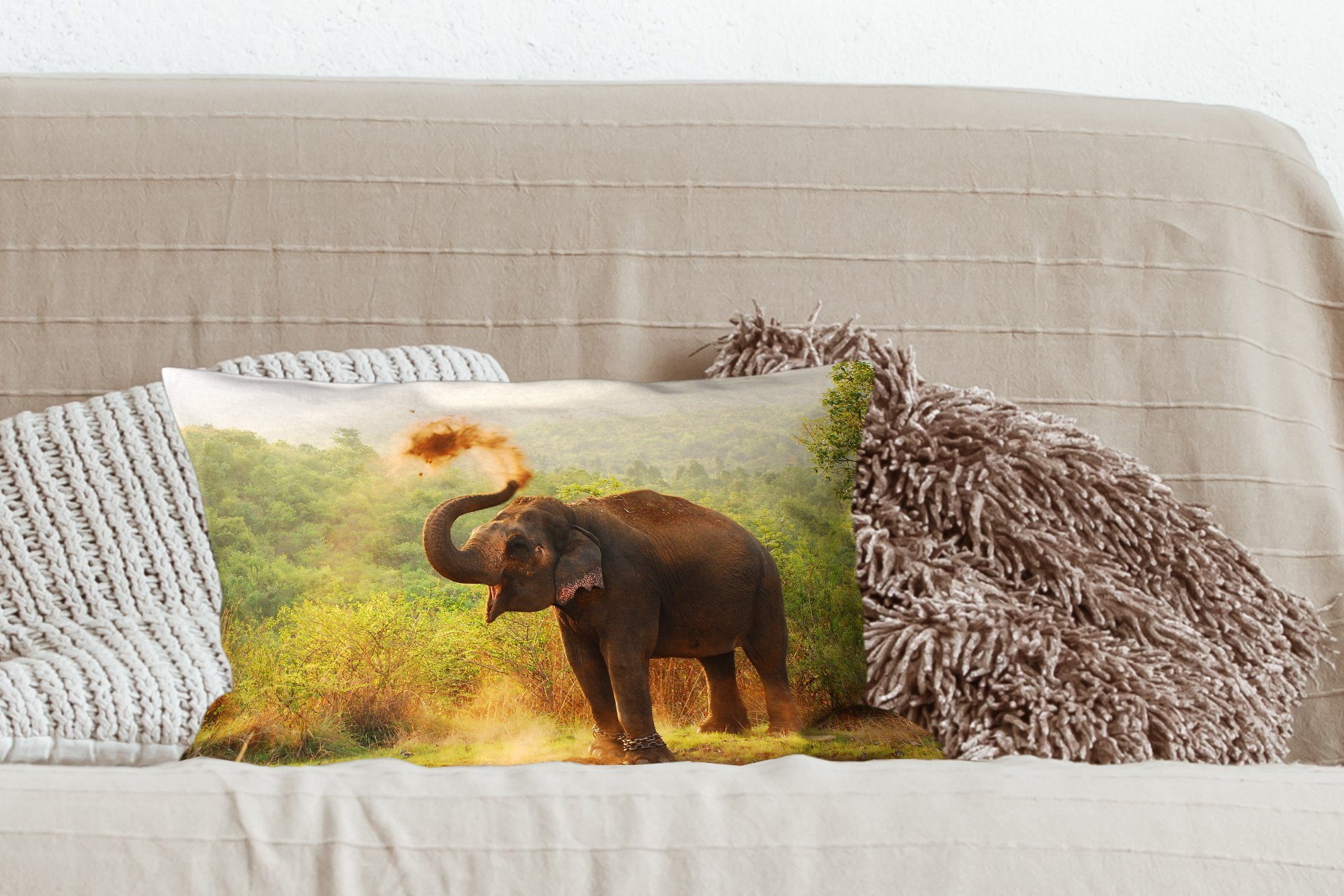 MuchoWow Dekokissen Elefant - - Wald Dekoration, mit - Tiere Bäume, Schlafzimmer Wohzimmer Zierkissen, Füllung, Dekokissen