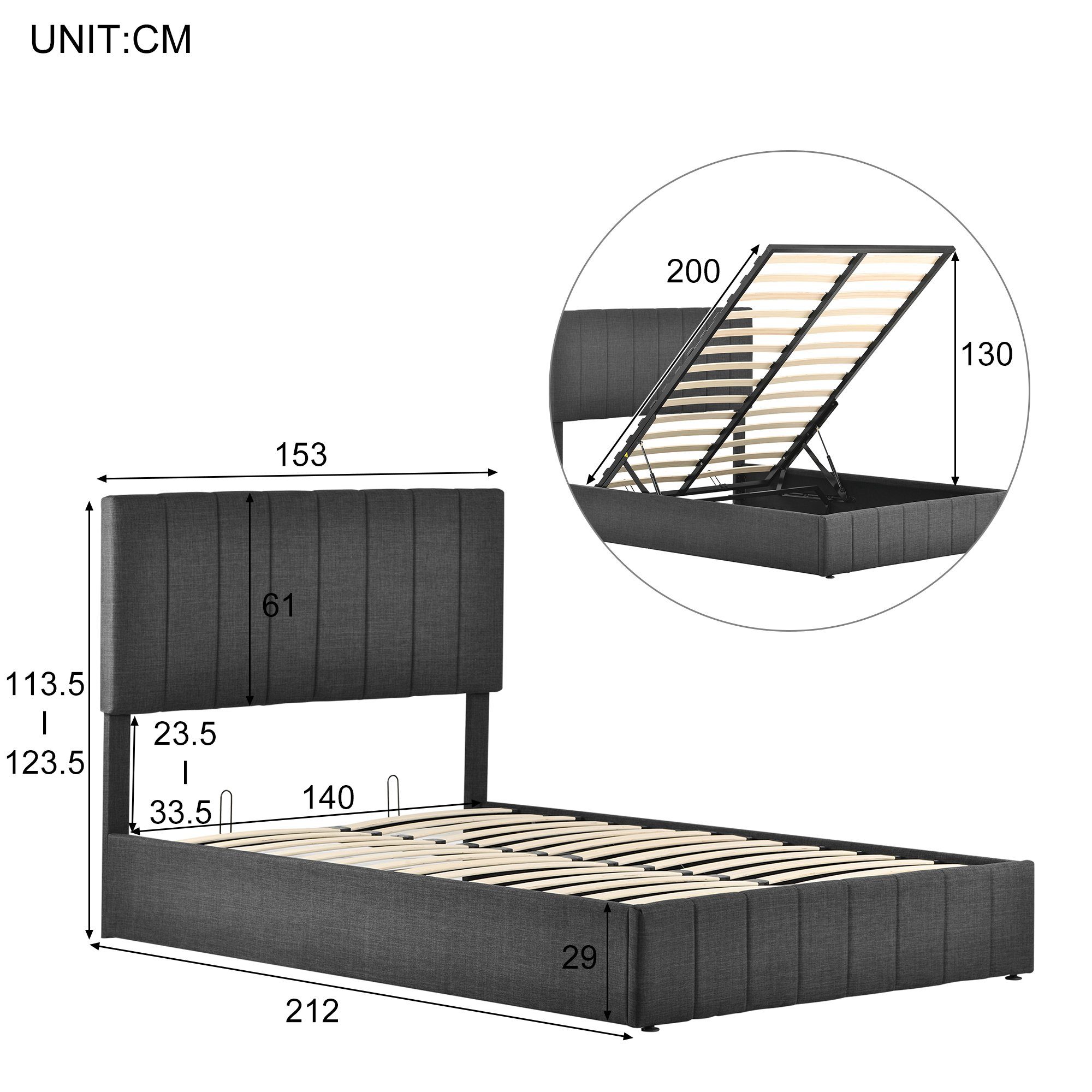 Polsterbett (Funktionsbett mit Lattenrost, Bettkasten und Federkernmatratze), Hydraulisch Bett 140x200cm, Verstellbares Kopfteil, Bezug aus Leinen