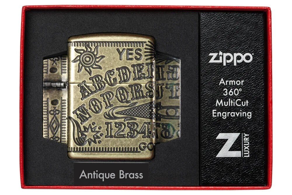 Zippo Feuerzeug Armor Case Ouija Board Hexenbrett Messing Antique Brass