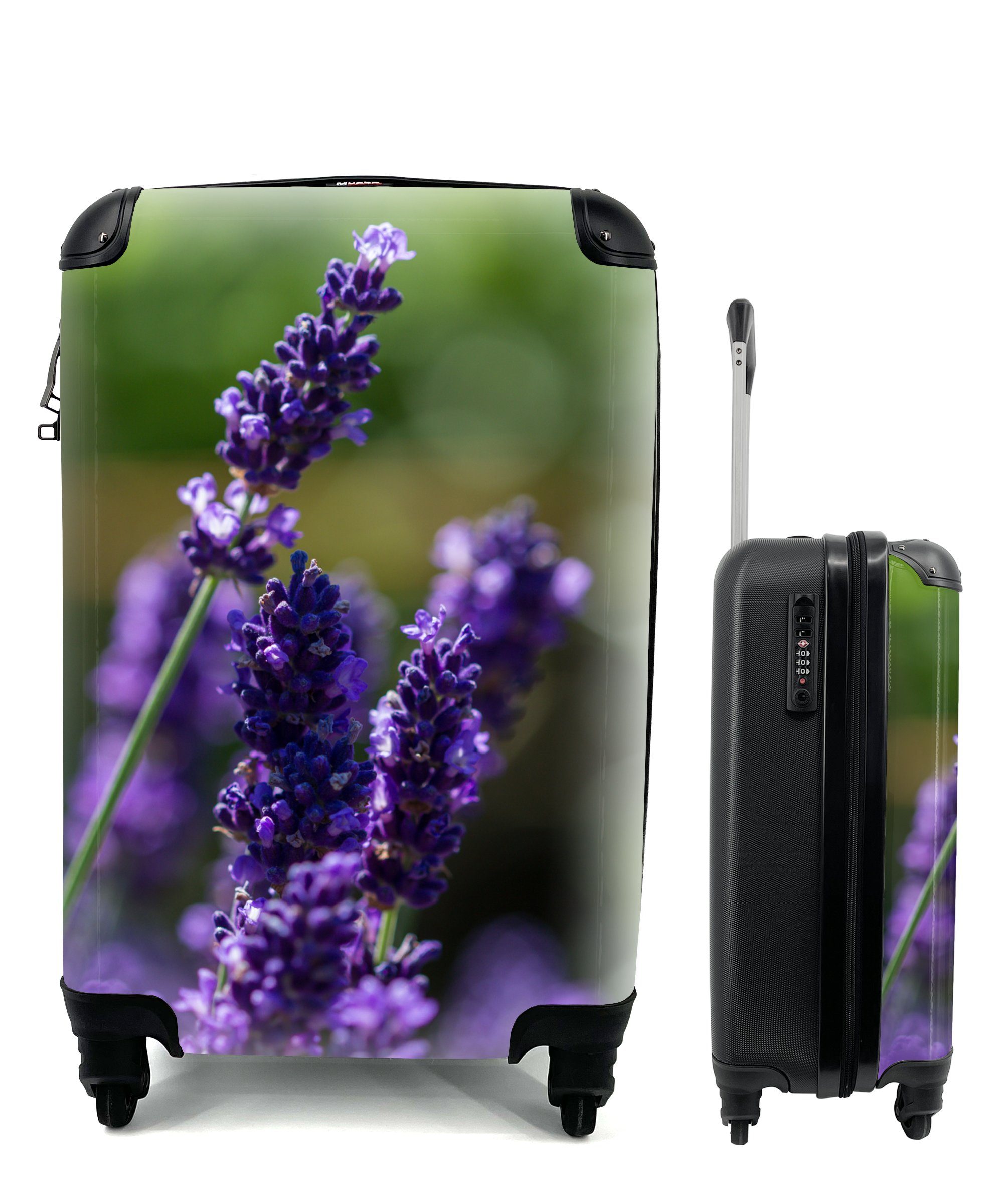 MuchoWow Handgepäckkoffer Nahaufnahme von Lavendel vor einem grünen Hintergrund, 4 Rollen, Reisetasche mit rollen, Handgepäck für Ferien, Trolley, Reisekoffer