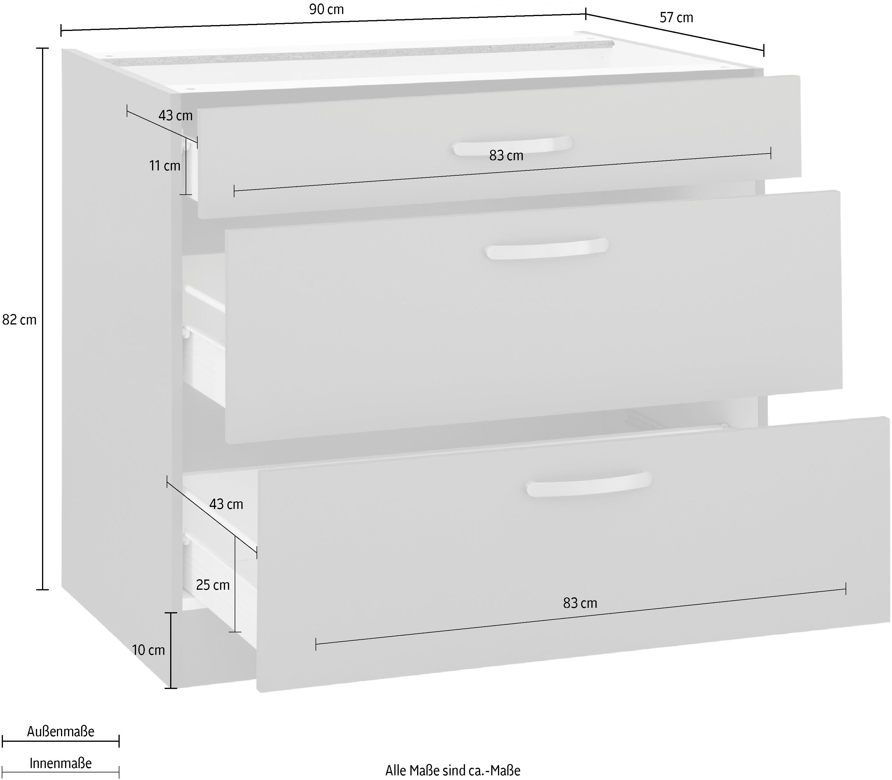 ohne breit, Auszügen Vanillefarben Unterschrank Vanillefarben/Vanillefarben Küchen großen Arbeitsplatte | mit 90 cm Kansas wiho 2