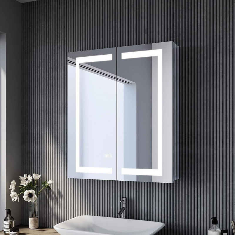 SONNI Spiegelschrank Spiegelschrank bad mit beleuchtung 60 x 70 cm 2-türig beschlagfrei mit Steckdose und Touchschalter