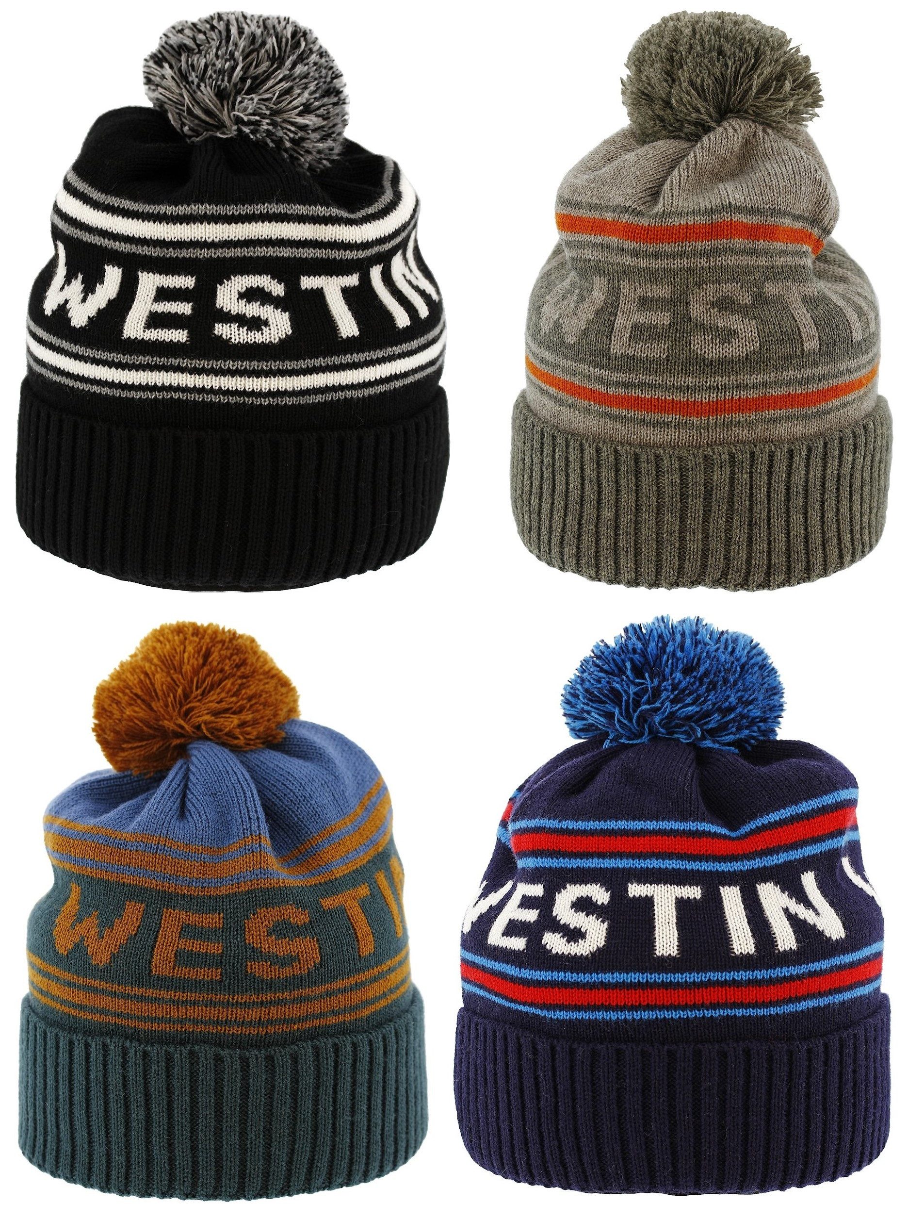 Westin Fishing Bommelmütze Mountain Snowroller warme Mütze - Black, Grey, Patrol, Deep Blue Klassischer Stil mit Jacquard-Strickmuster