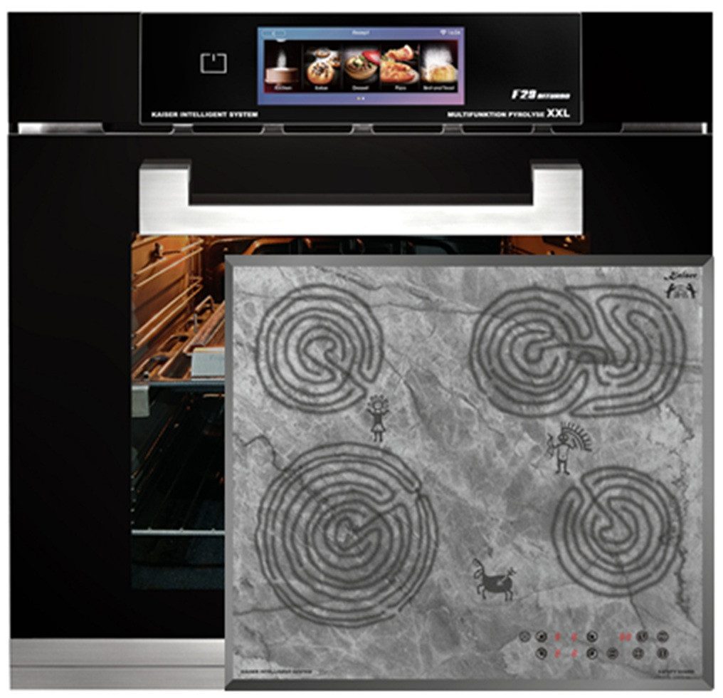 Kaiser Küchengeräte Backofen-Set Herd Set Autark Multifunktions-Elektro-Backofen mit Pyrolyse und Dampfreinigung, TFT Display, 60cm, 86L,Air Fry mit Elektro-Kochfeld Sehr Exklusives Kochfeld Autark 60cm mit Höhlenmalereimotiv EH 6344 N+KCT 6115 F Ära.., mit 1-fach-Teleskopauszug