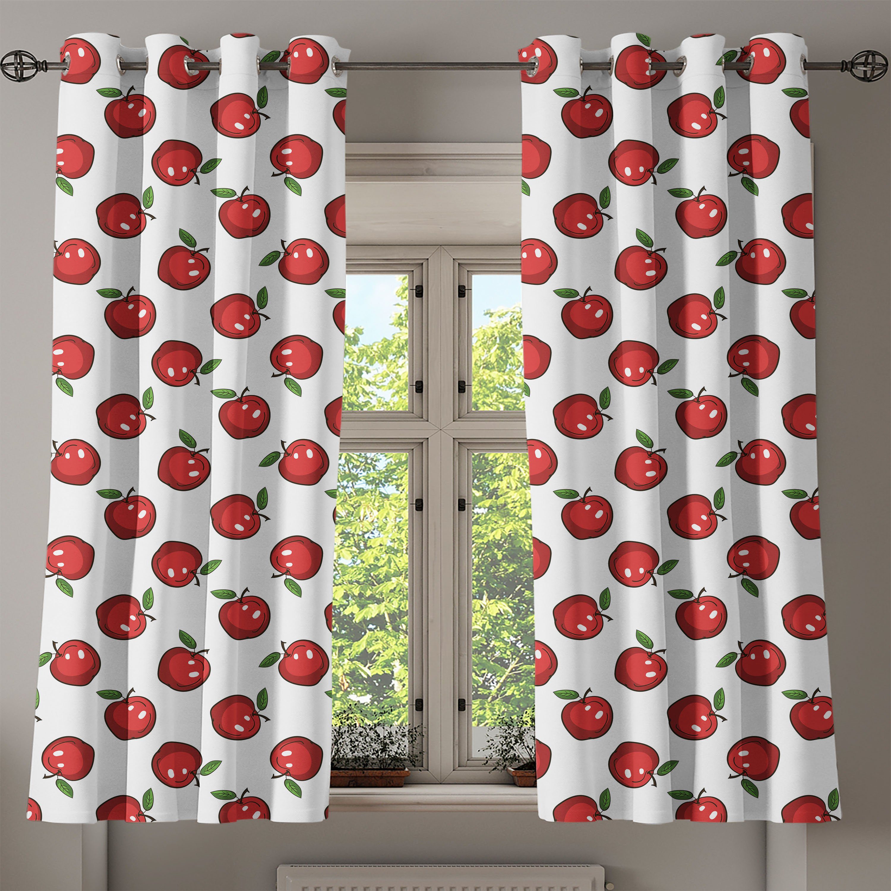 Gardine Cartoon Schlafzimmer Abakuhaus, Apfel für Bio-Obst Wohnzimmer, Dekorative 2-Panel-Fenstervorhänge
