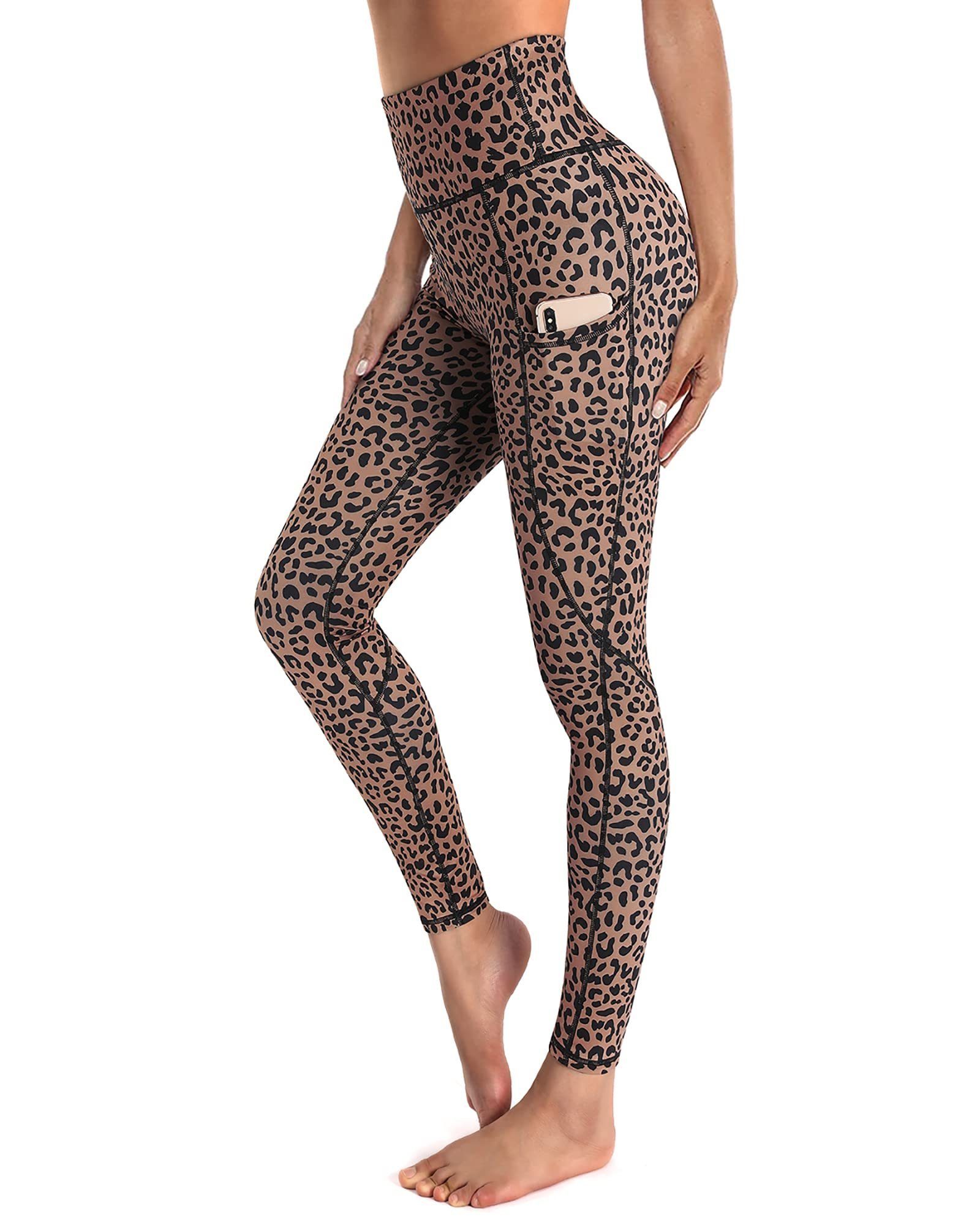 G4Free Yogaleggings Damen Leggings Sporthose mit Taschen Khakifarbener Leopard