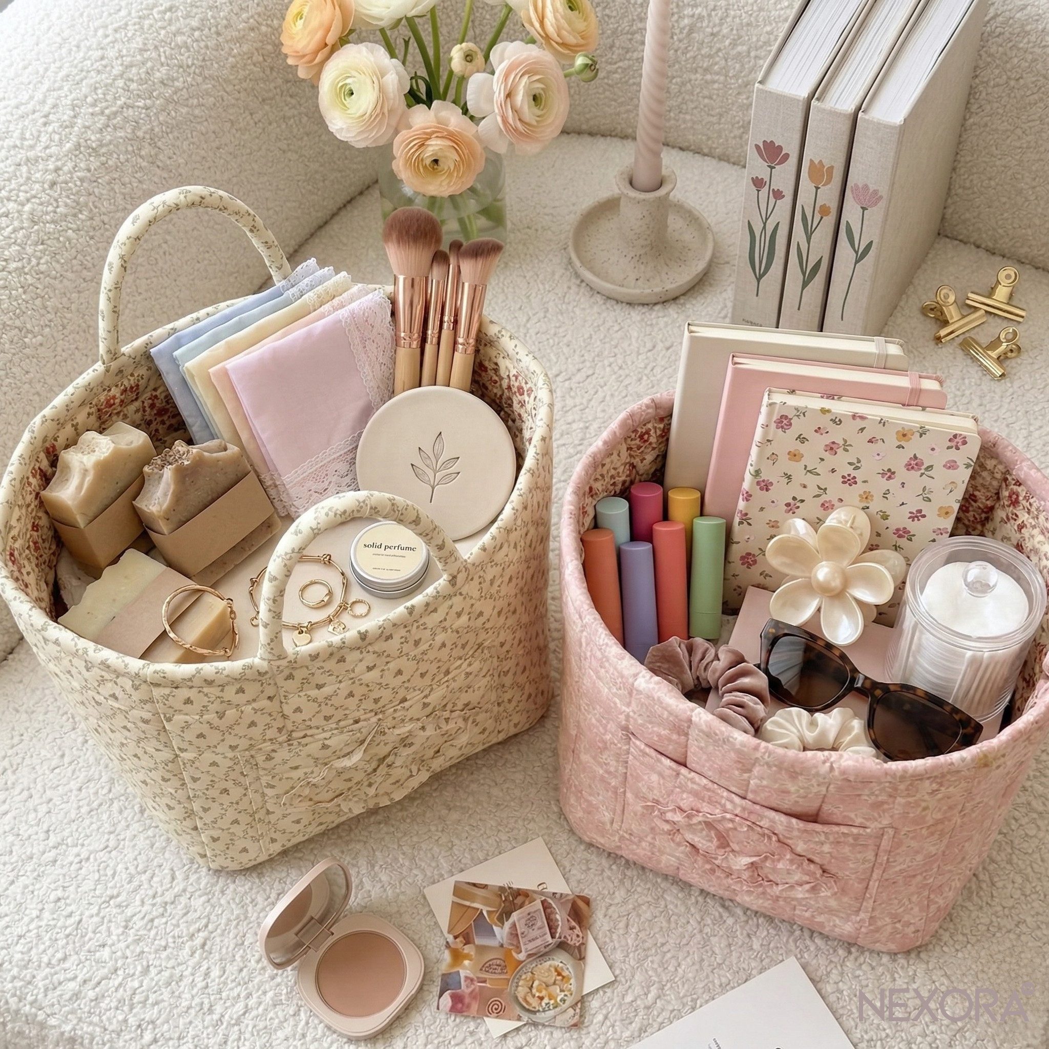 NEXORA Tragetasche Damentasche, Strandtasche, Sommertasche mit floralem Muster, gesteppt, florales Muster, mit Griffen