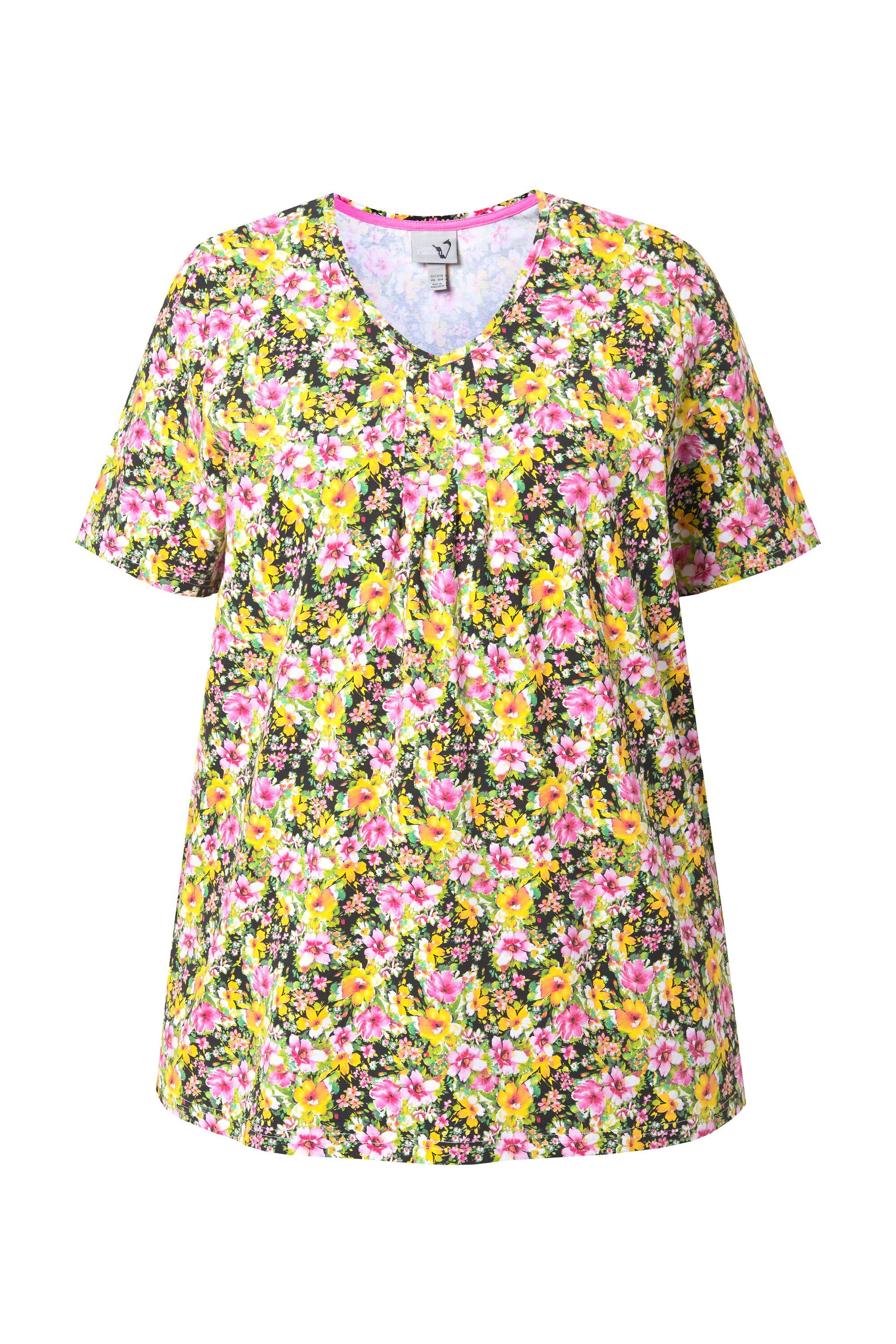 Ulla Popken T-Shirt T-Shirt A-Linie Zierfalten V-Ausschnitt Halbarm
