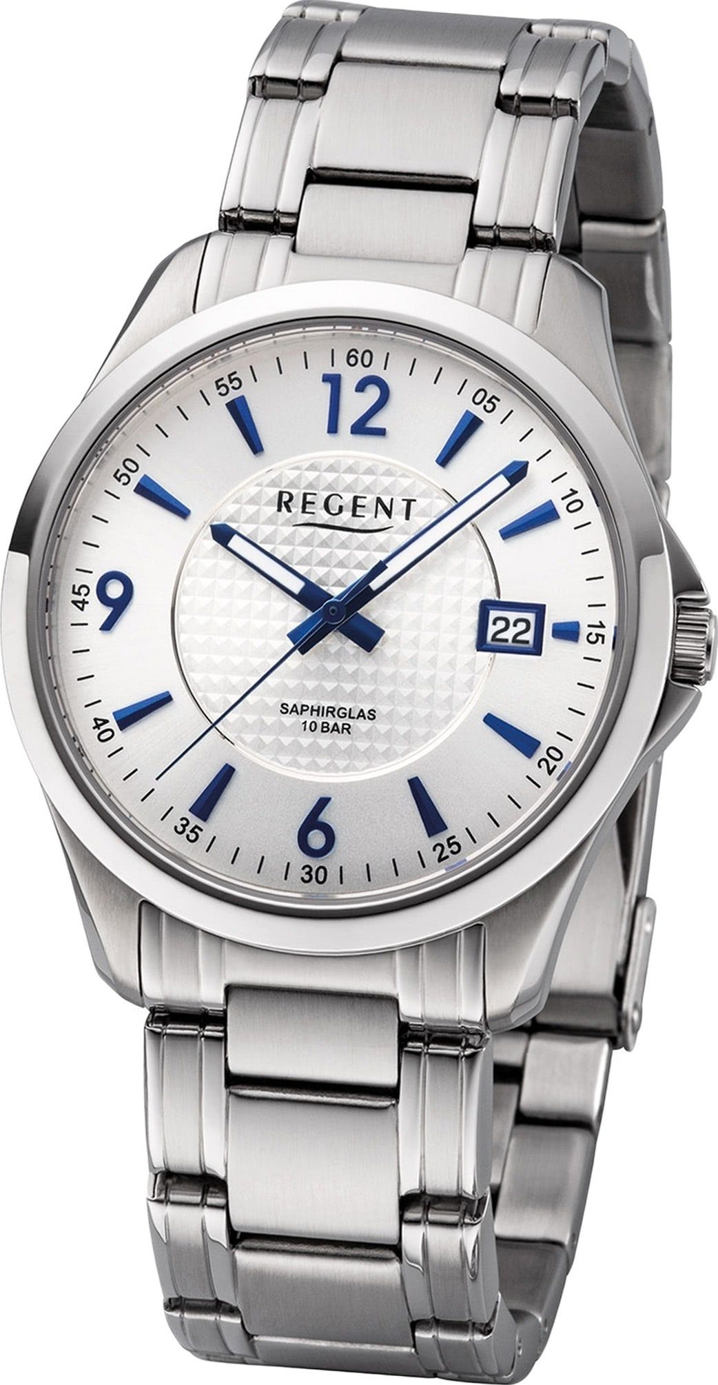 Regent Quarzuhr Regent Metall Herren Uhr F-1185 Analog, Herrenuhr  Metallarmband silber, rundes Gehäuse, mittel (ca. 39mm) | Quarzuhren