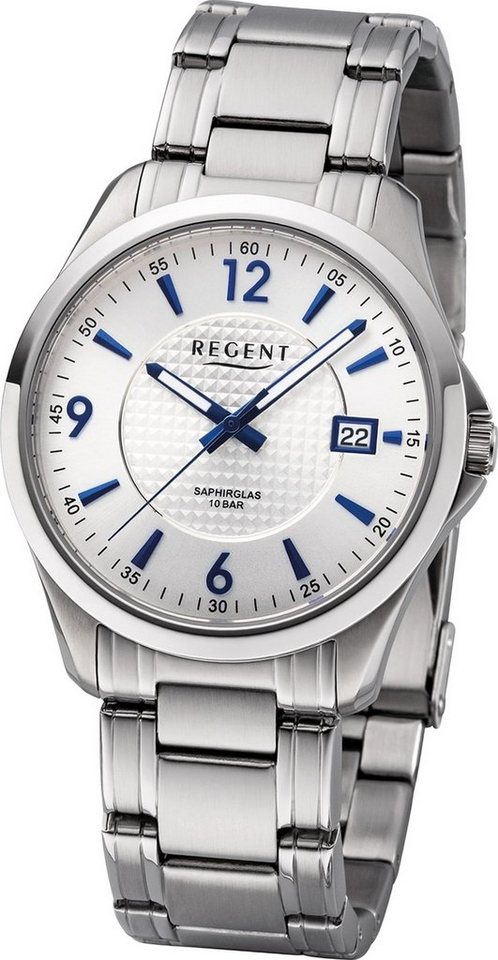 Regent Quarzuhr Regent Metall Herren Uhr F-1185 Analog, Herrenuhr  Metallarmband silber, rundes Gehäuse, mittel (ca. 39mm)
