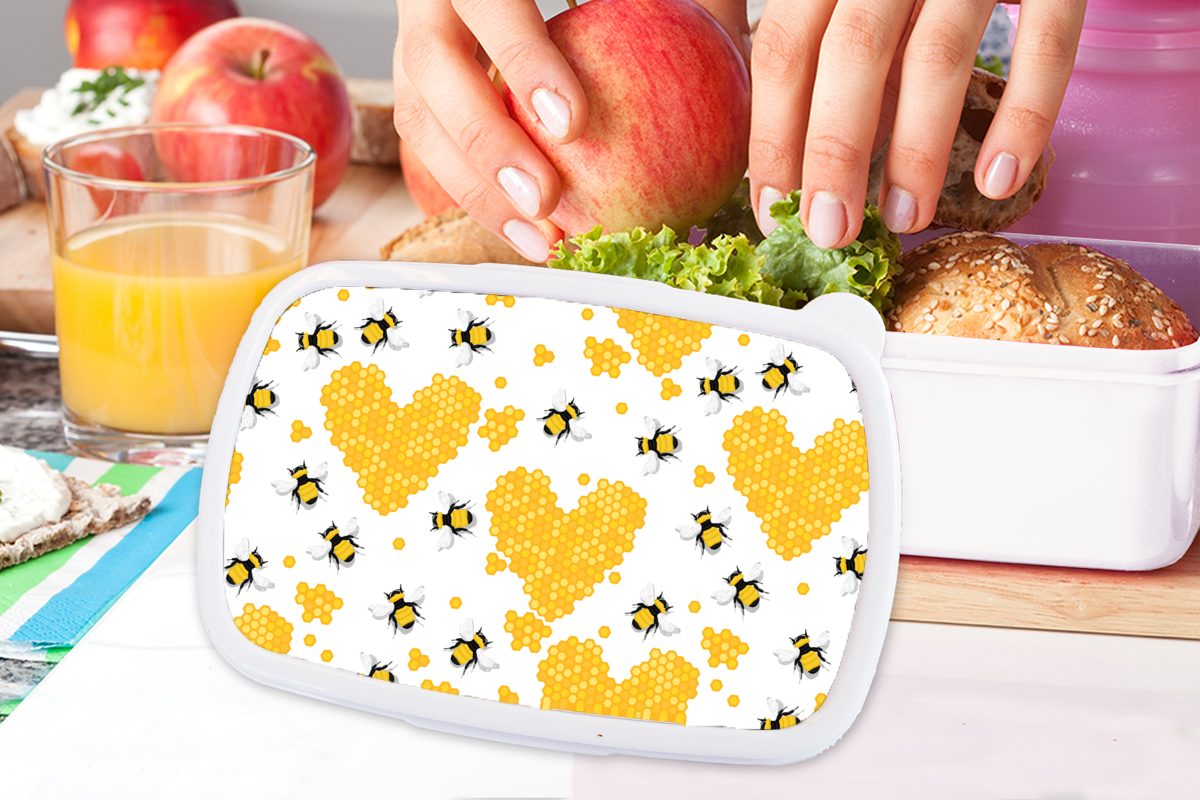 Valentinstag - Biene Kinder und Brotdose, für Mädchen MuchoWow (2-tlg), Brotbox Kunststoff, und - Jungs für Honig, Erwachsene, Lunchbox weiß