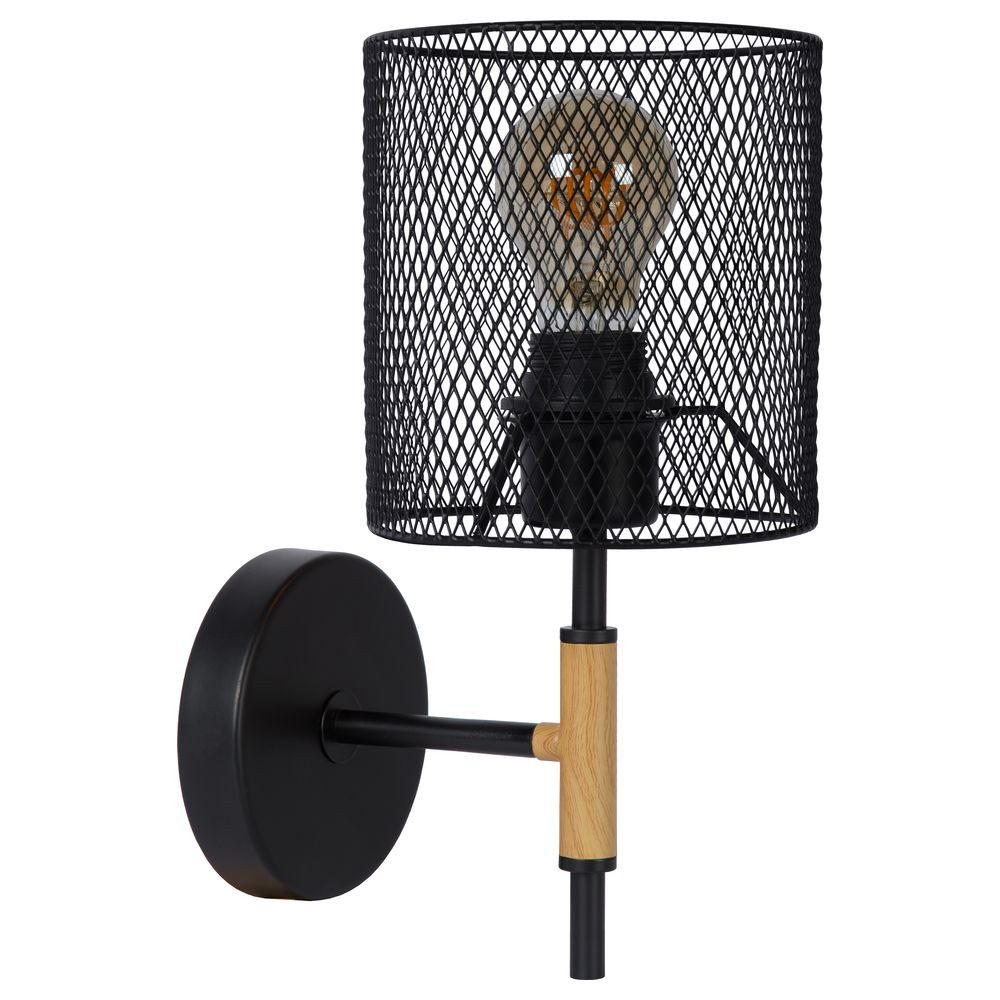 Lucide Wandleuchte Wandleuchte Basket aus Stahl in Schwarz mit hellem Holz E27