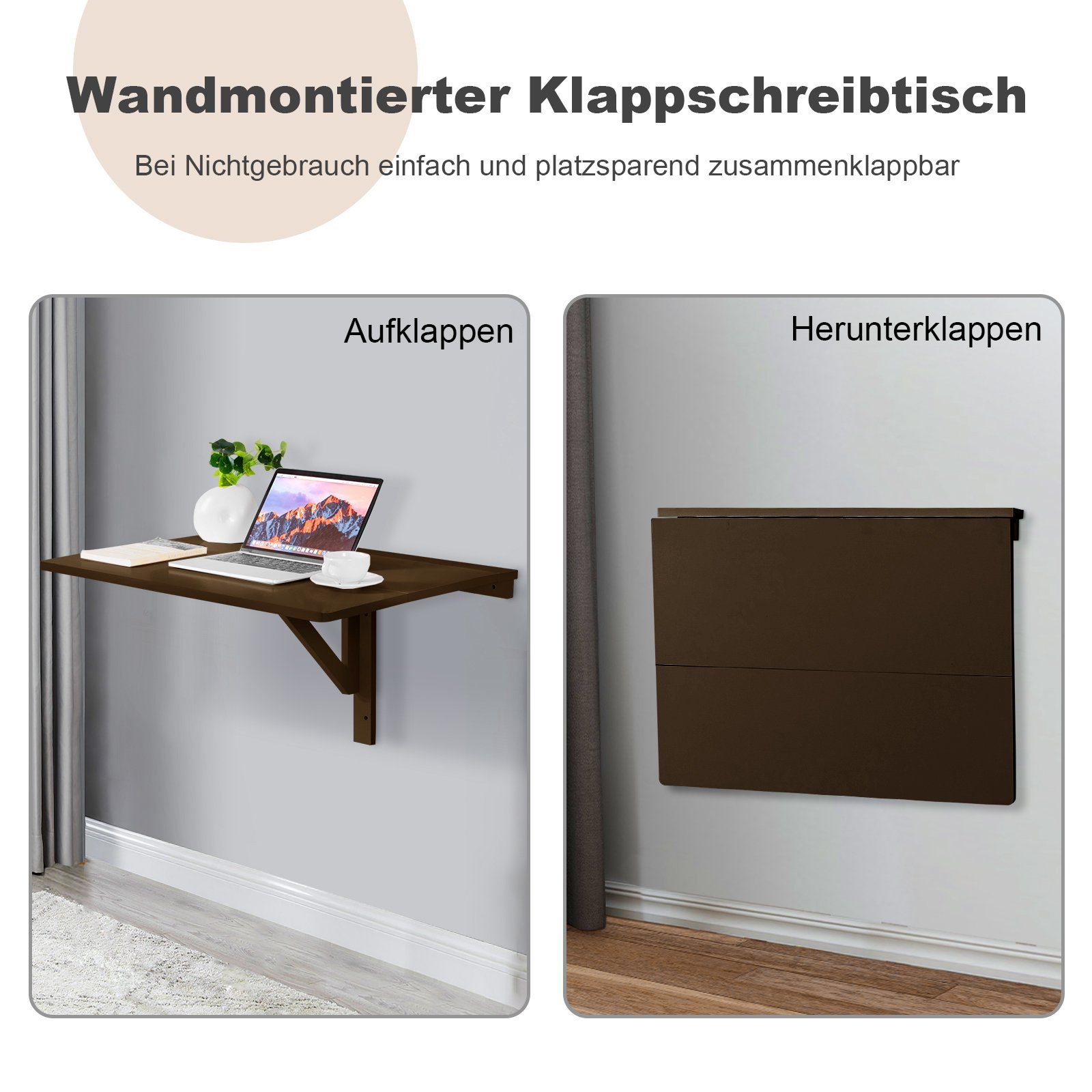 Wandtisch Klapptisch 80 cm, x klappbar Kaffeebraun Wandmontage, COSTWAY 60