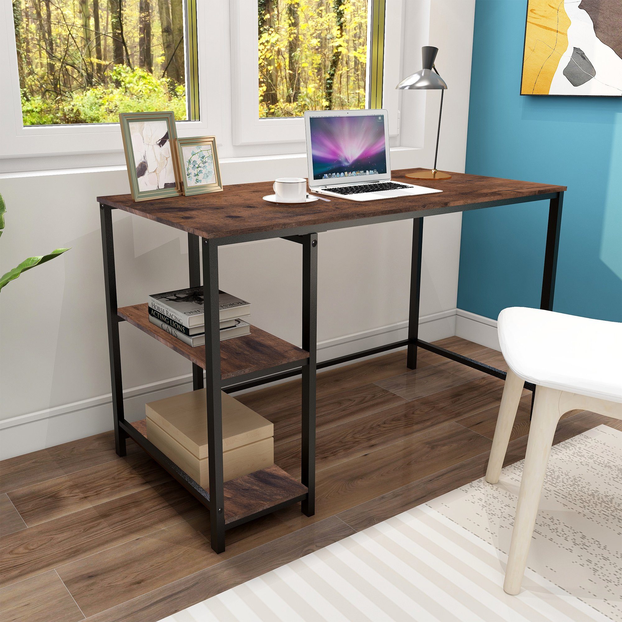 Celya Computertisch Schreibtisch mit 2 Tier DIY Lagerregalen, Laptoptisch Schreiben Tisch für Büro, Wohnzimmer 120x60x75.2cm