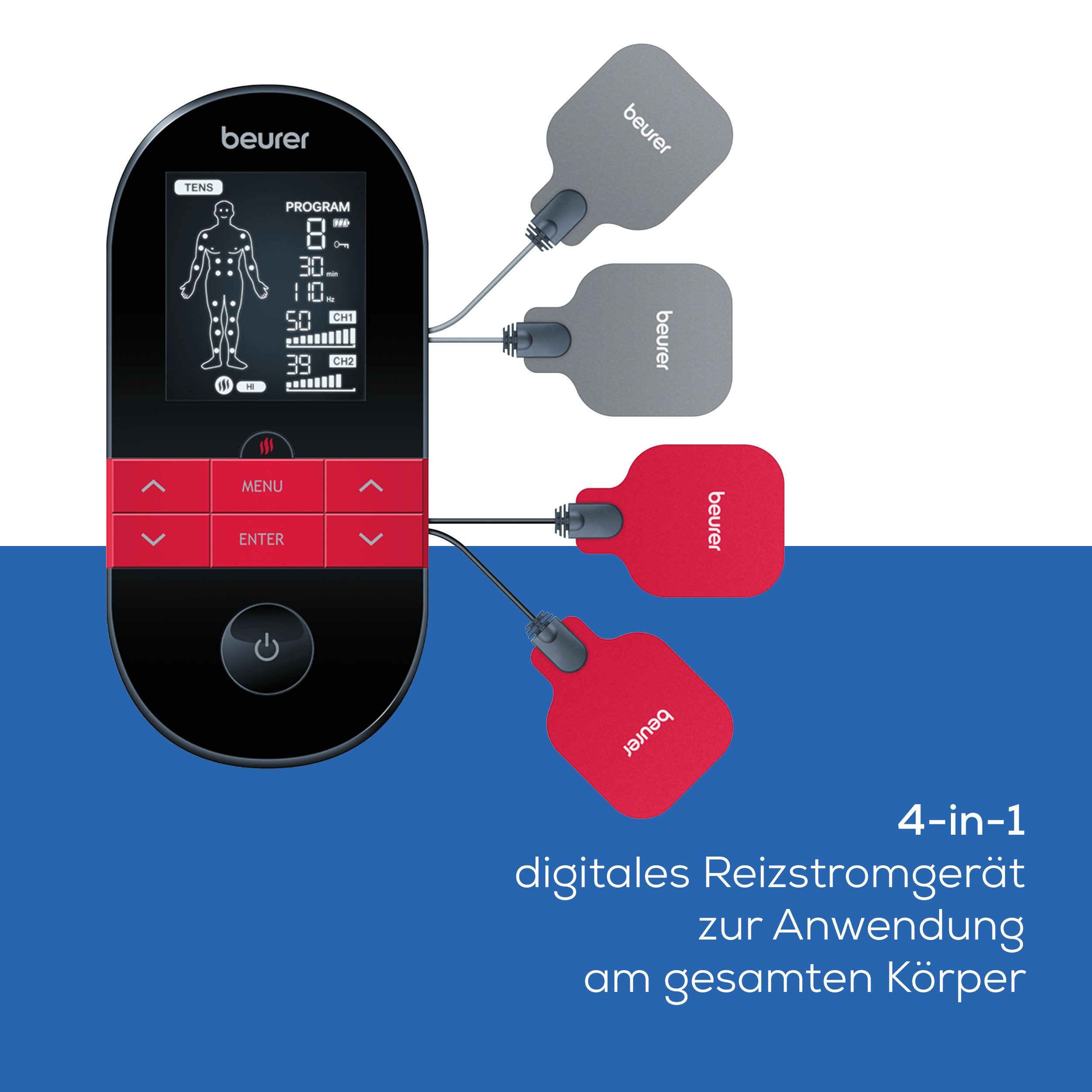 BEURER TENS-EMS-Gerät EM 59 Heat, Reizstromgerät mit Wärmefunktion und 4 Elektroden, 3-in-1: TENS (Schmerzlinderung), EMS (Muskelstimulation) und Massage