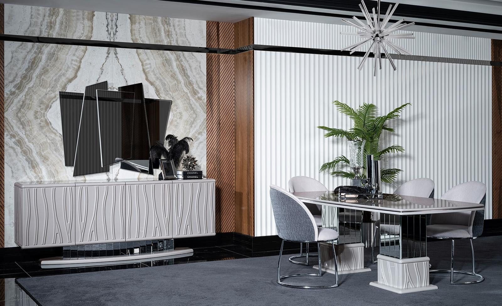 JVmoebel Esszimmer-Set Elegantes weißes Esszimmer Set aus Holz mit Spiegel und Sideboard, (7-St., Esstisch, 4x Stühle, Sideboard, Spiegel), Made in Europe