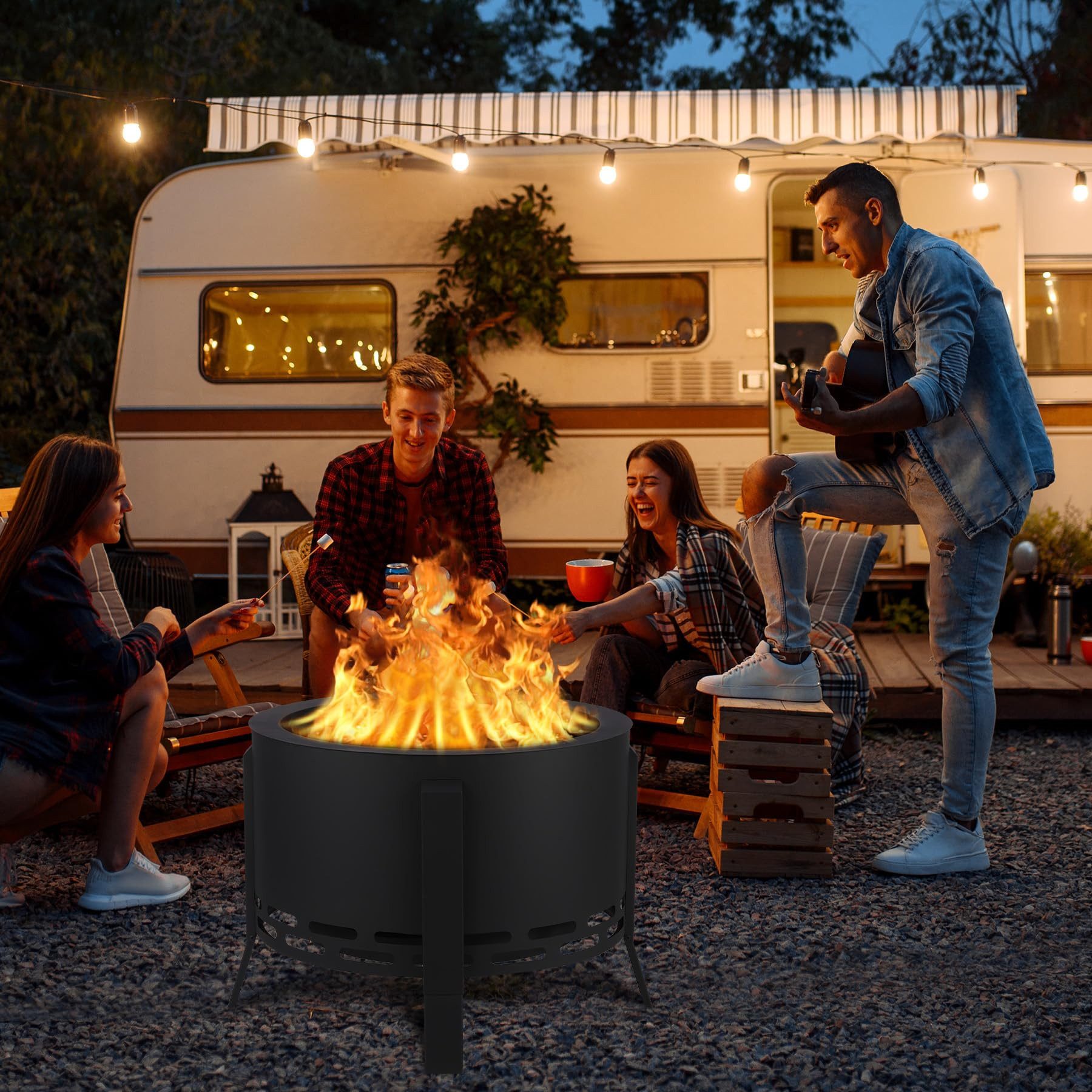 GarveeMore Feuerschale 26" Rauchfreie Feuergrube mit Ash Tray Base für BBQ Bonfire Camping