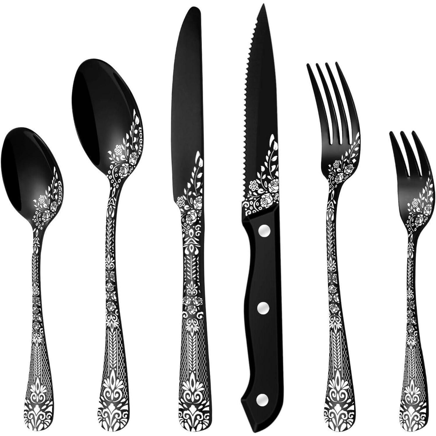 LuxusKollektion Наборы для салата Besteck Edelstahl Schwarz 6 Steakmesser Gabel 36-Teiliges Schwarz