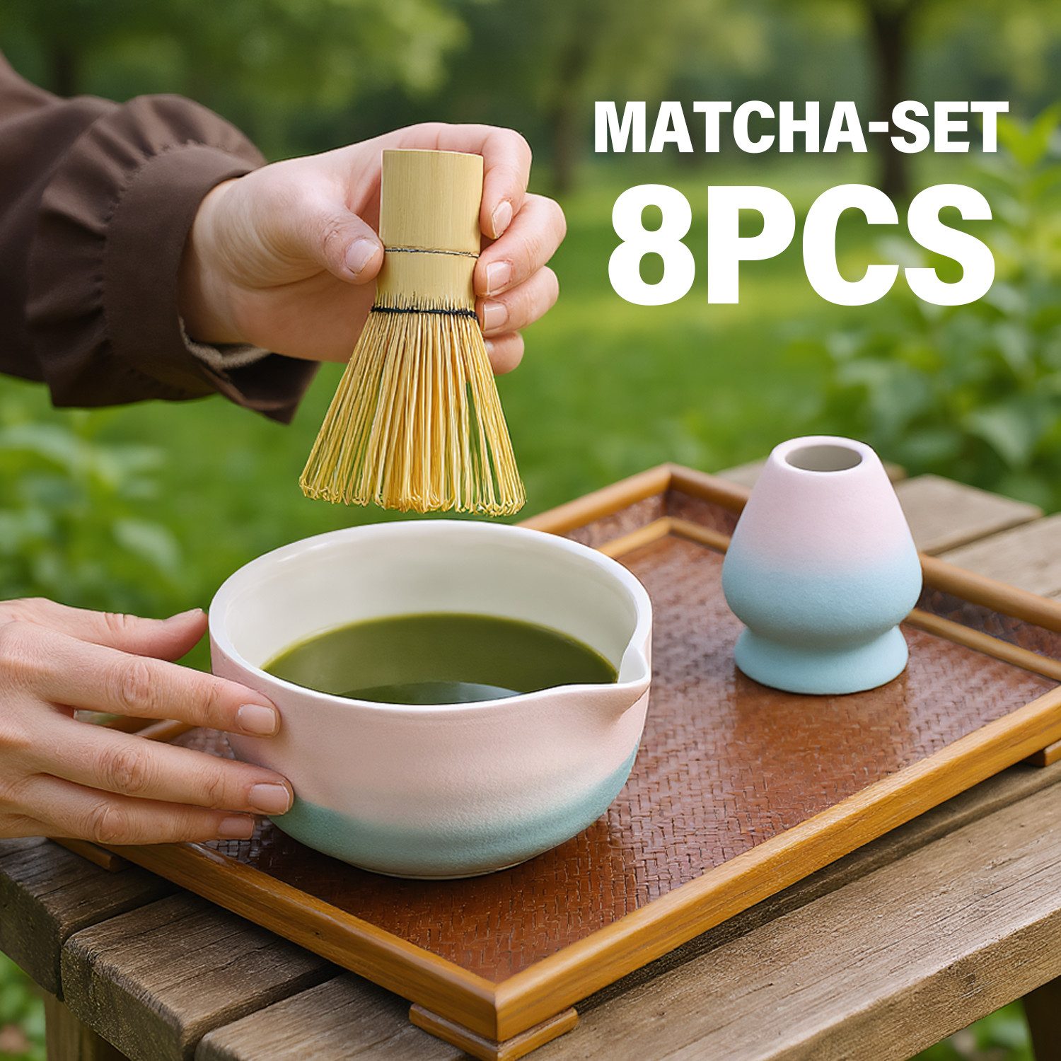 AKKEE Teeservice 8 Stück Matcha Tee Set mit Matcha Besen Edelstahlsieb Schal, Matcha-Zubereitungsset – Bild 5 von 5