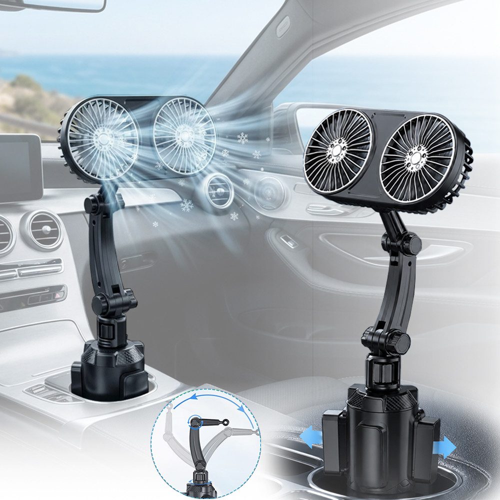 PRIISF Mini USB-Ventilator Auto Ventilator Doppelkopf 360° KFZ Kühlventilator Becherhalter Lüfter, 12V 24V Rücksitz Air Fan für Wohnmobil Boot Wohnwagen Vehicle Seat