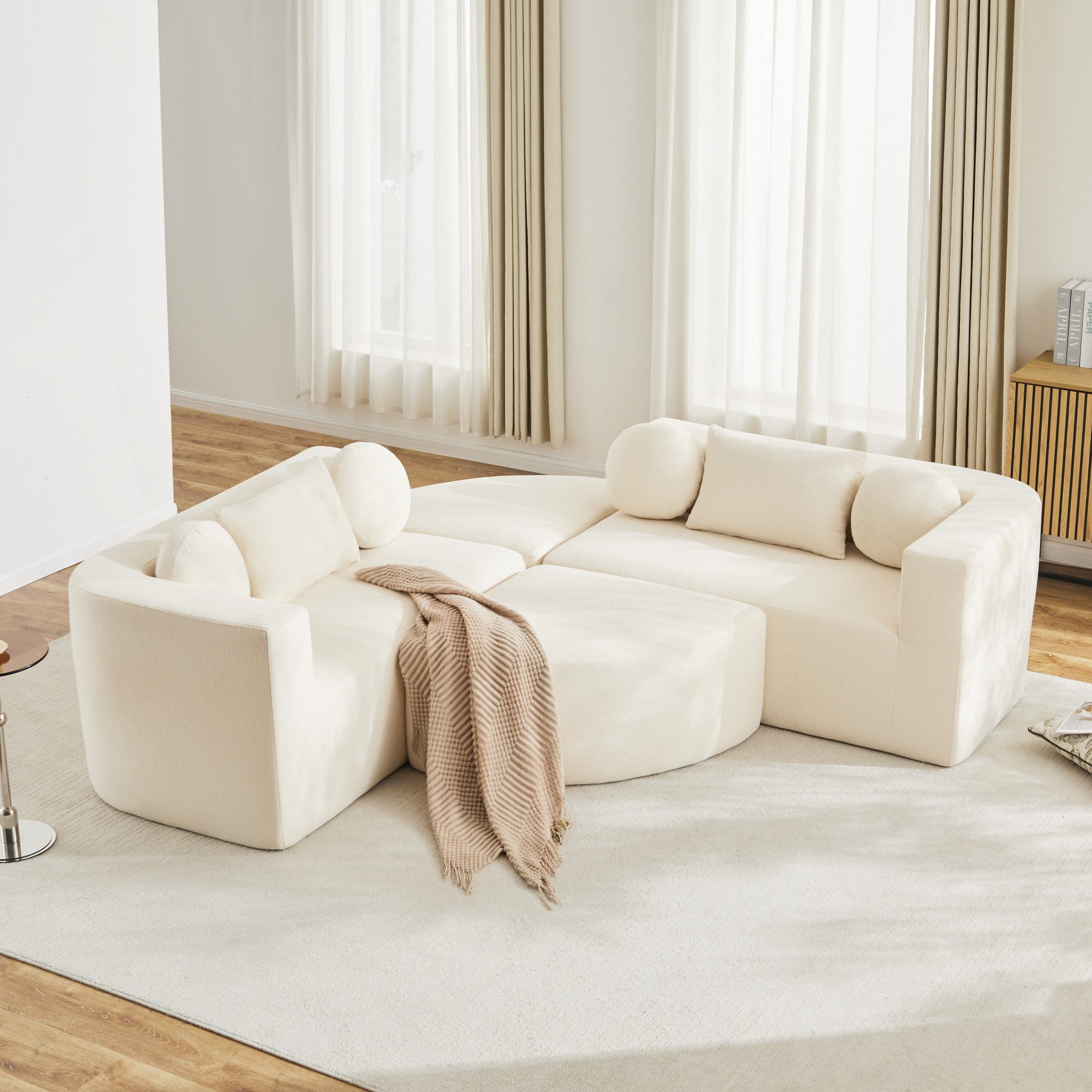 Flieks Sofa Modulare Ecksofa mit Schlaffunktion U-Form, keine Montage erforderlich 4 Teile, Multifunktional Schlafsofa Cloud Couch Chenillestoff Beige