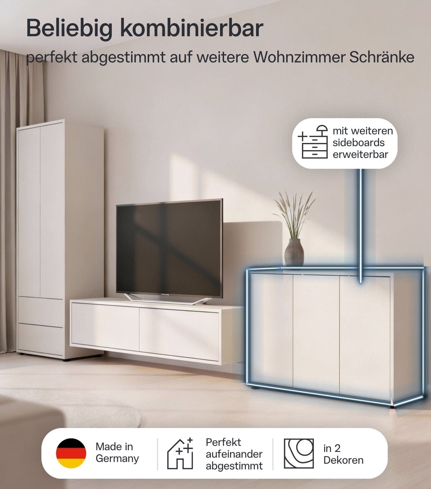 mokebo Sideboard 'Horizon' Holz Kommode Push-to-Open Türen Schrank (73x103 cm, mit Einlegeböden), Made in Germany, Kommode Beige, Beistellschrank, Anrichte in K – Bild 4 von 5