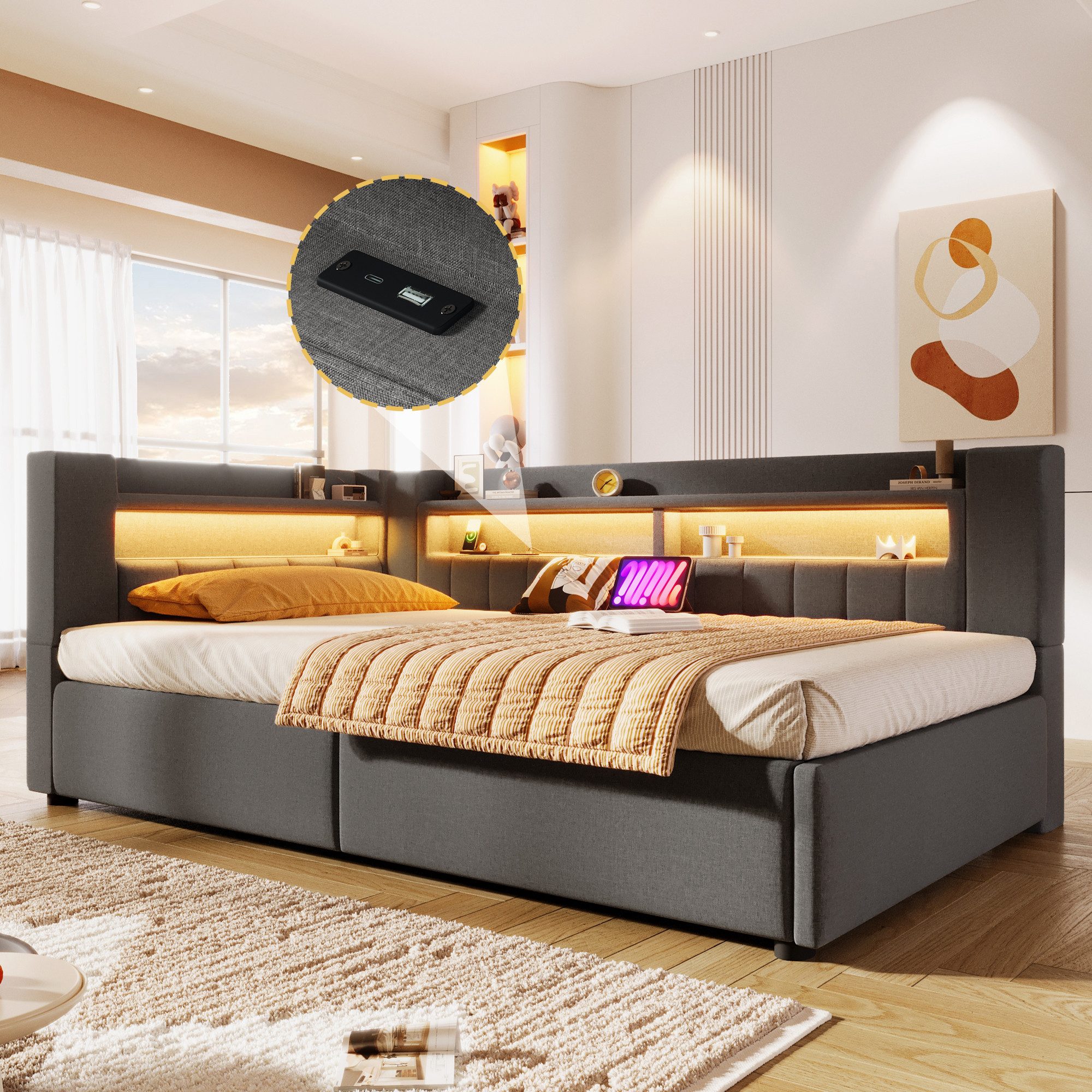 Merax Daybett 90x200cm mit LED-Beleuchtung und USB&Typ-C Ladefunktion (Jugendbett Einzelbett Sofabett, 1 tlg), Tagesbett mit hydraulischem Stauraum & Staufächer – Bild 4 von 5