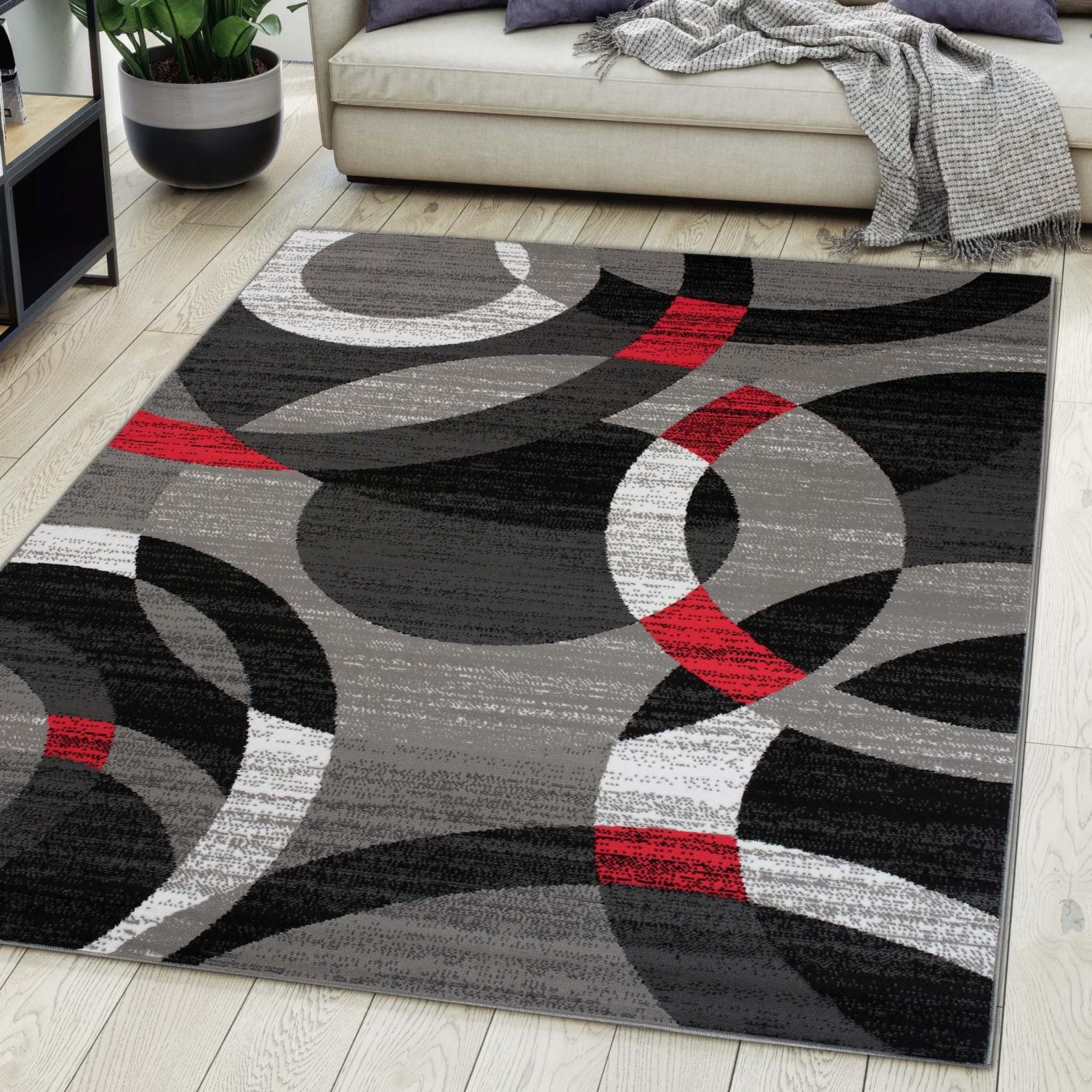 Mazovia Orientteppich Modern Geometrisch Rot Anthrazit Wohnzimmer, Schlafzimmer, Büro, Fußbodenheizung – Bild 2 von 5