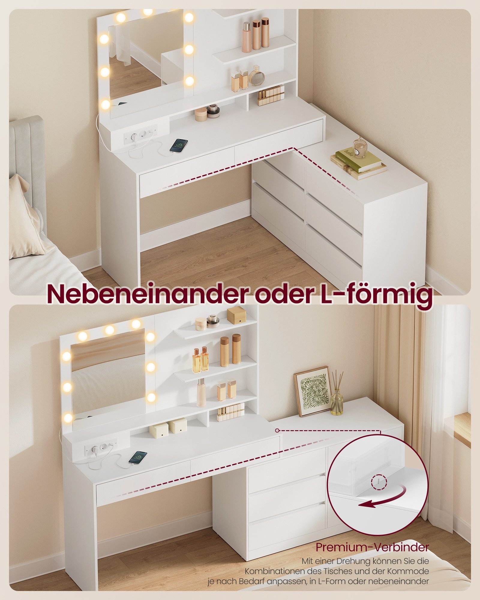 VASAGLE Schminktisch Frisiertisch 9 Glühbirnen, 8 Schubladen, 3 Lichtfarben (1 Tisch), mit drehbare Seitenkommode, gerade oder L-förmig, mit Licht