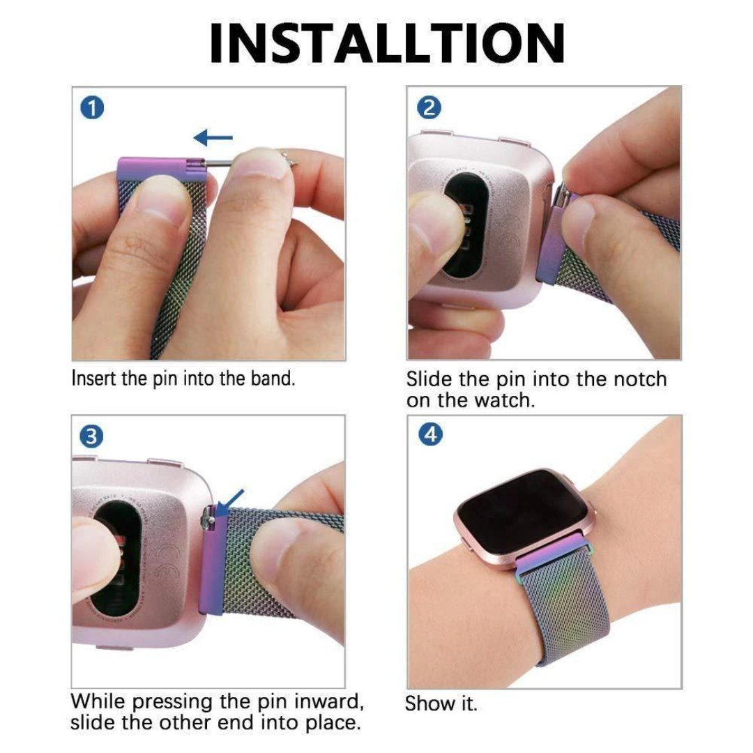 SmartUP Uhrenarmband Für Fitbit stufenlos Atmungaktiv, 2 zeitloses Design, Milanese, Edelstahl Magnetisches Versa verstellbar Armband Regenbogen