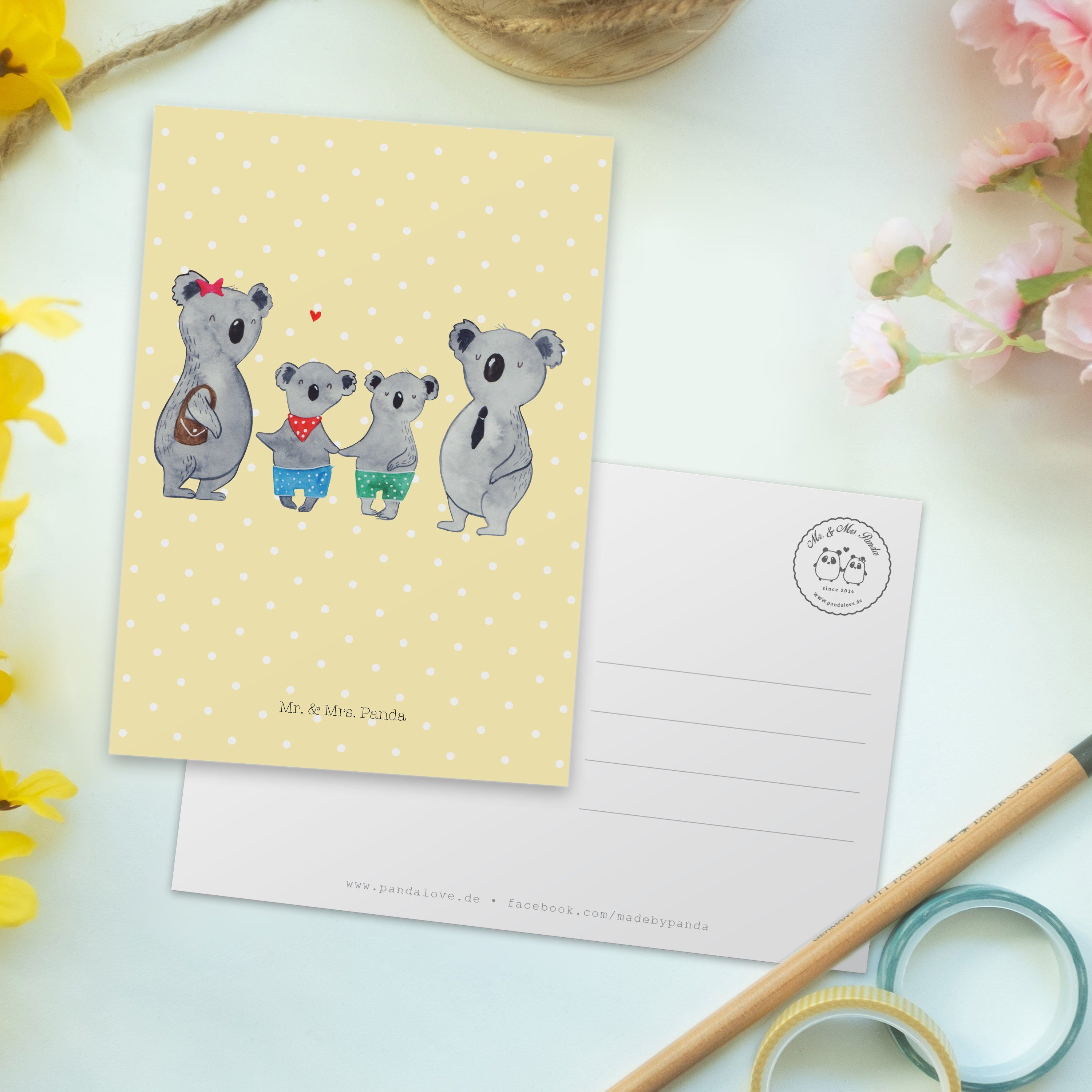 Geschenk, Familie - Panda Koala Ansichtskarte Postkarte Mr. Koalabär, - Mrs. & Gelb Pastell zwei