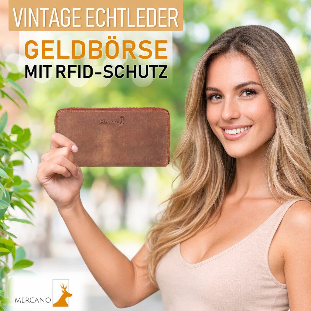 Mercano Geldbörse Damen mit Rundumreißverschluss (inkl. Geschenkbox), 13 Kartenfächer, RFID-Schutz, Vintage-Leder, Großformat (18 × 11 cm)