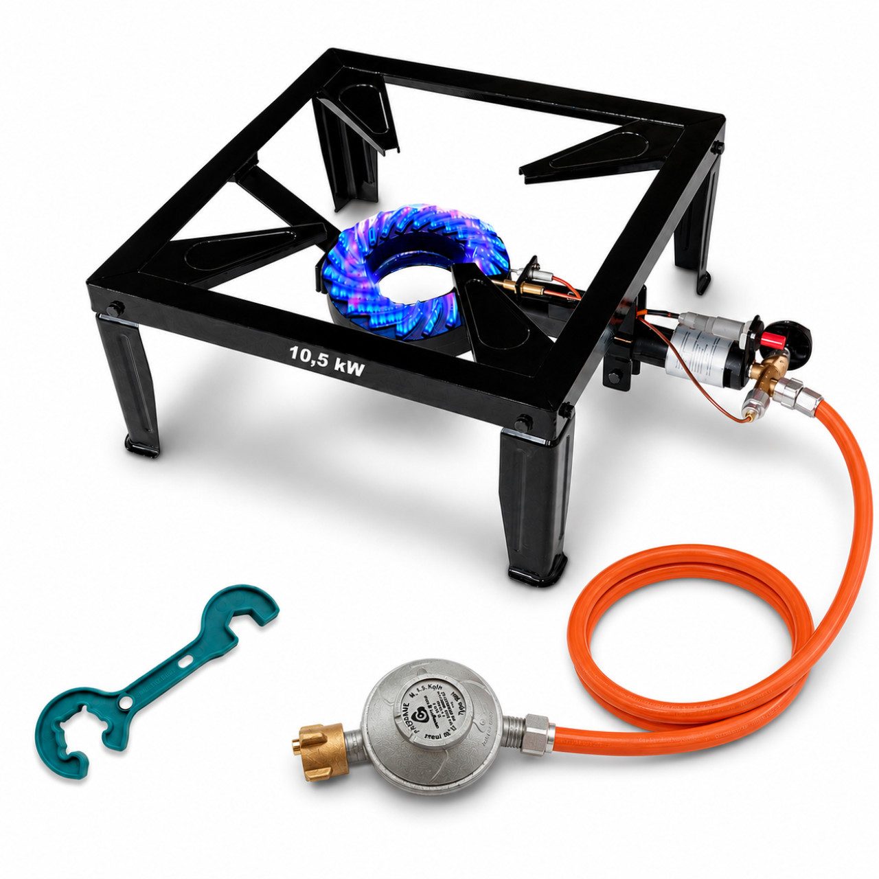 BlueCraft Gaskocher Hockerkocher 10,5 kW Gas mit Zündsicherung Piezozündung für Gasflasche, (mit Schlauch 150 cm und Gas Regler Druckminderer), 4 Bein Profi Gasbrenner Gusseisen für Camping Räucheröfen Wok Kocher