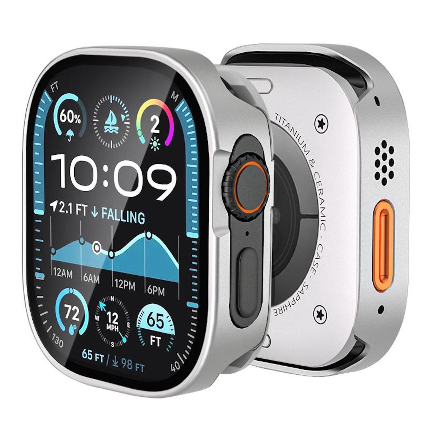 Wigento Smartwatch-Hülle Für Apple Watch Ultra 2 / 1 49mm Aluminium Hülle + 9H Hart Glas Silber, Aluminiumhülle mit integriertem Glas für Rundumschutz