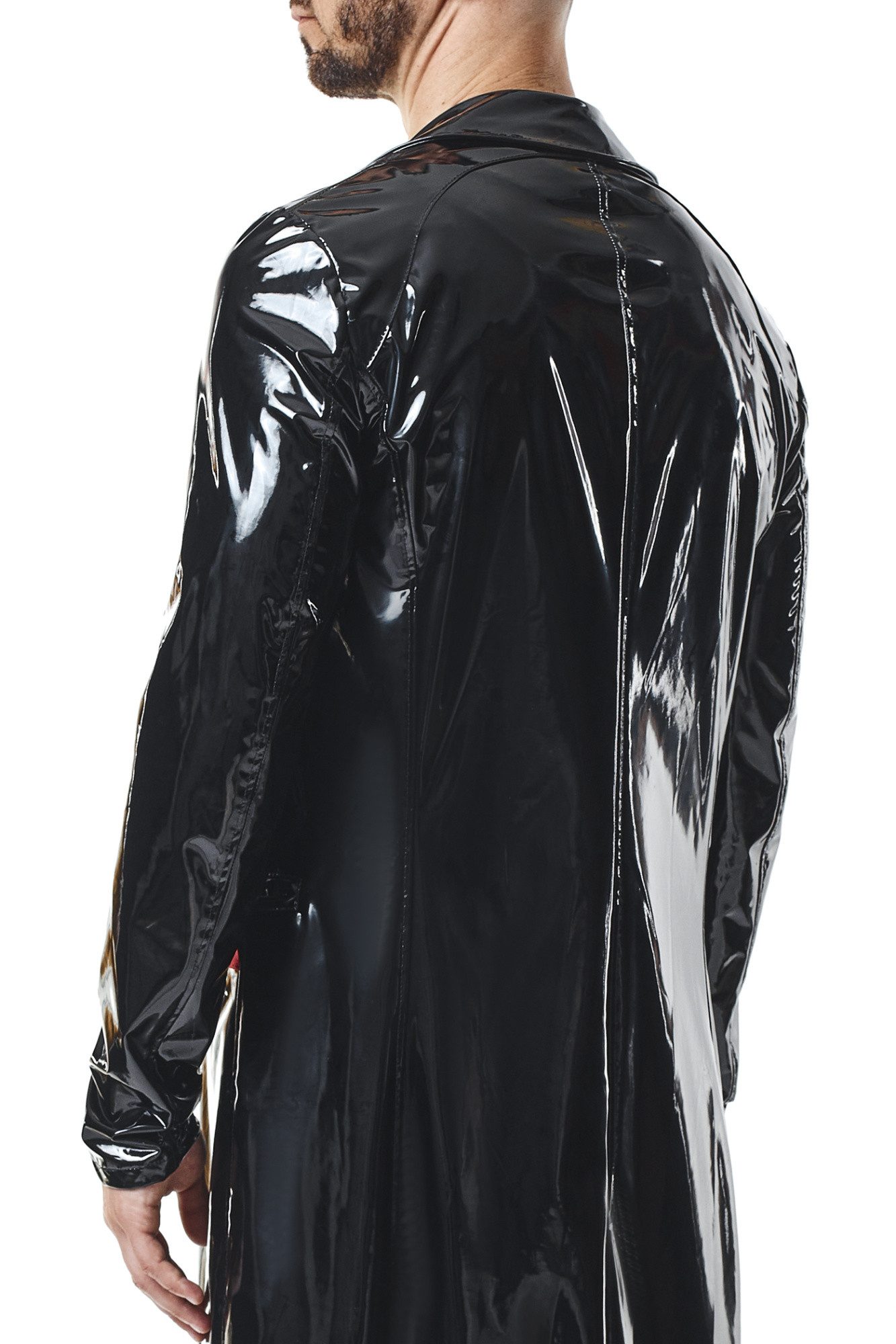 Regnes Fetish Planet Lederimitatmantel Halblanger schwarzer Herren Lack-Mantel mit Taschen Trenchcoat mit Kra