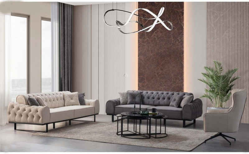 JVmoebel Wohnzimmer-Set Weiß-Graue Chesterfield Couchgarnitur Designer Polster Sessel 3tlg Set, (3-St., 2x Sofa, Sessel), Made in Europa