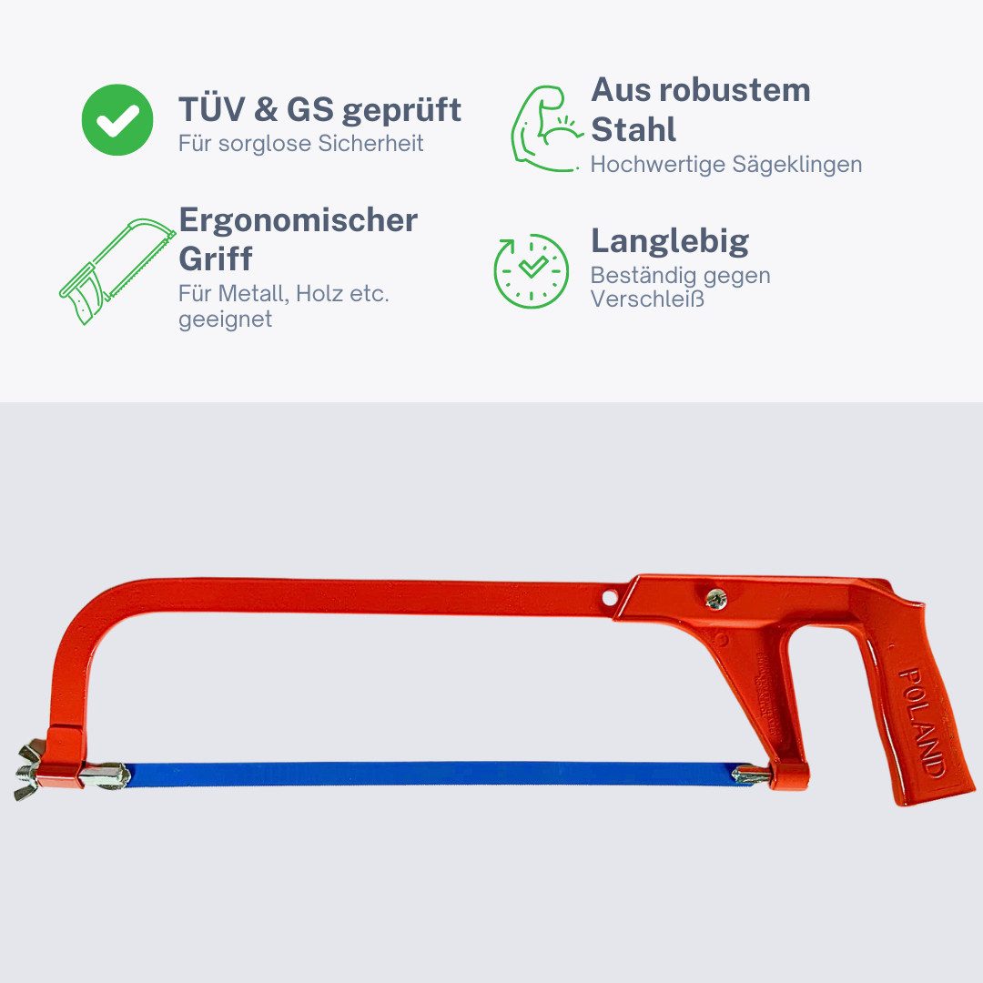 RACEL Bügelsäge Metallsäge 30cm Bügelsäge Handsäge Eisensäge Gartensäge TÜV GS geprüft (1-St), Gehärteter Stahl