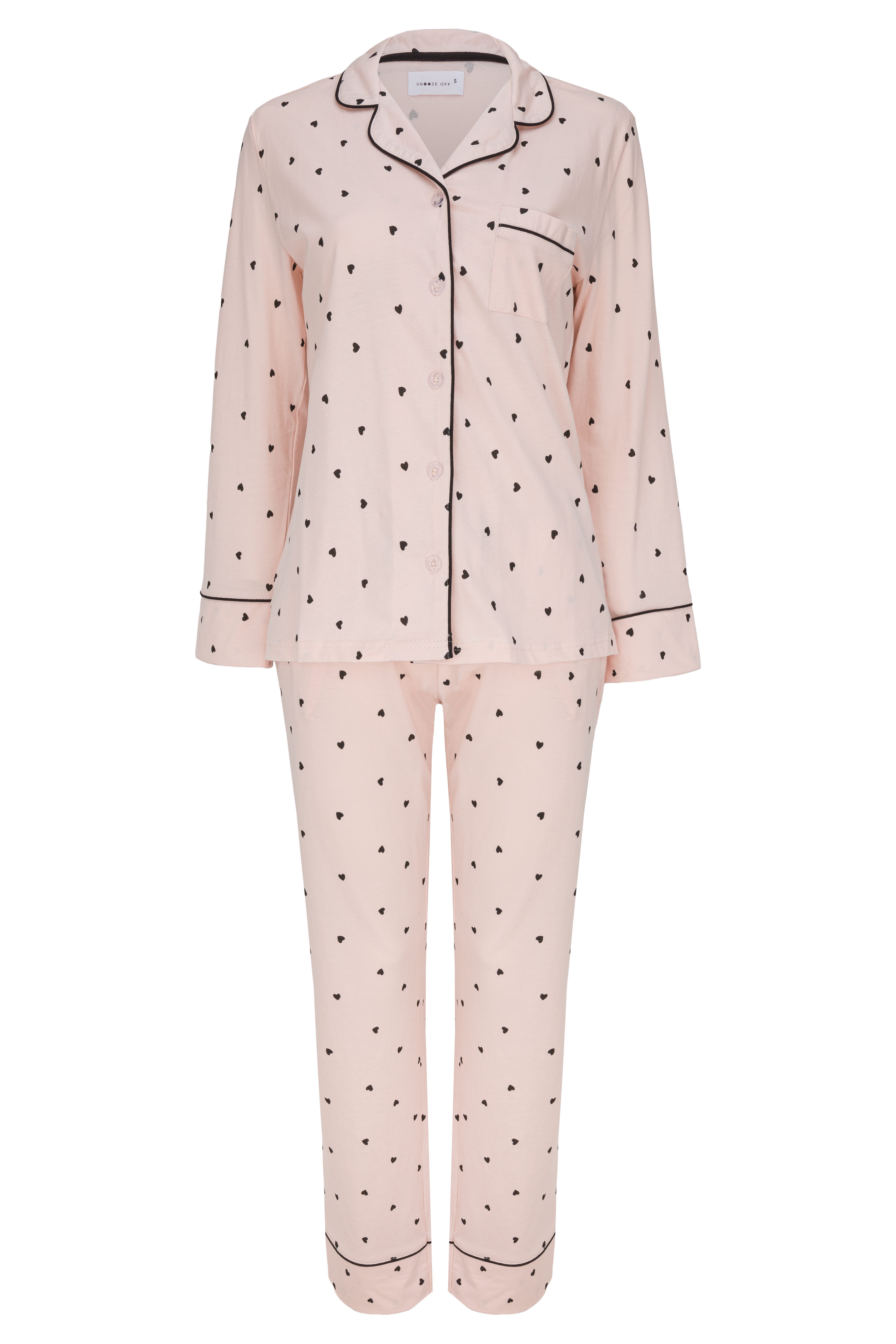 SNOOZE OFF Pyjama Schlafanzug in zartem rosa-beige mit schwarzen Herzen (2 tlg., 1 Stück) und Kontrastpaspeldetails