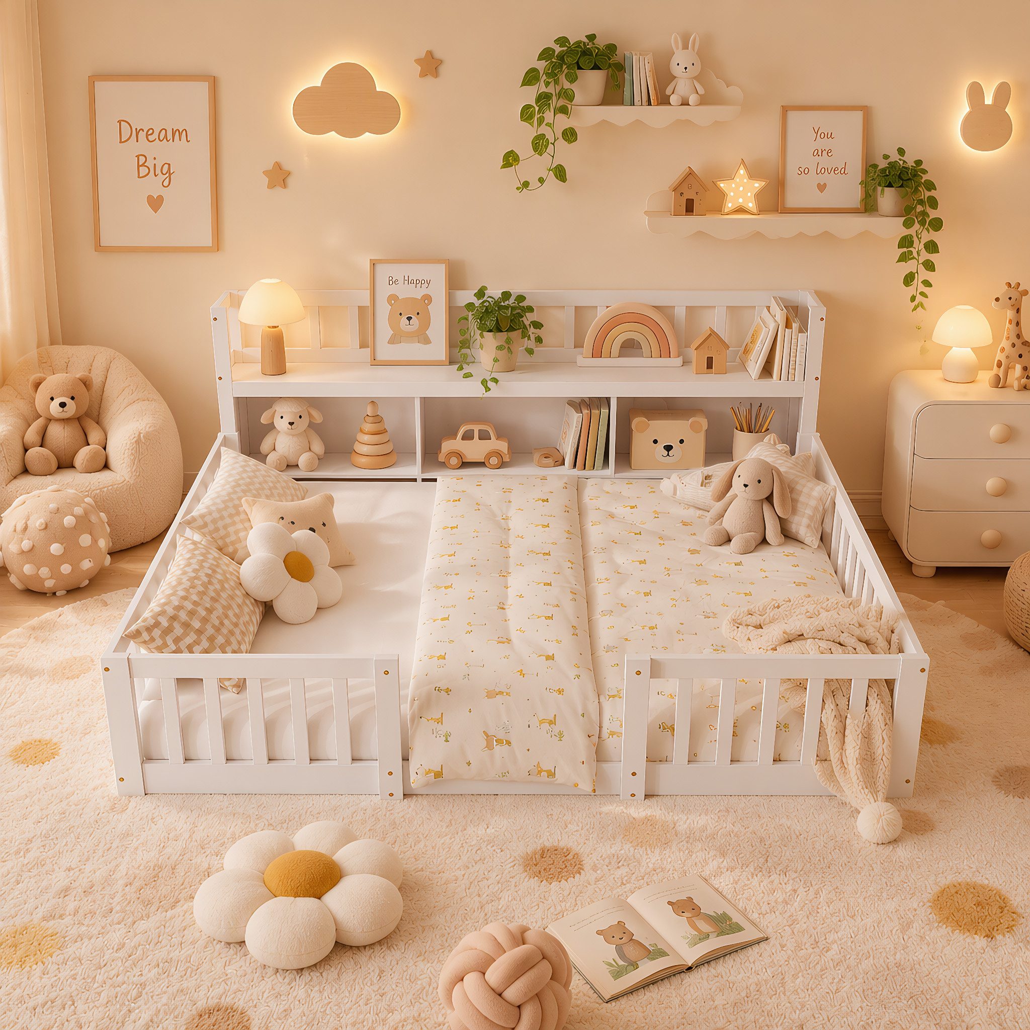 Simurq Kinderbett Bodenbett 140x200 cm, Montessori Bett Mit Staufach Und Rausfallschutz (Set, Ohne Matratze), Gitterbett Spielbett Jugendbett Doppelbett Holzbett Für 2 Kinder