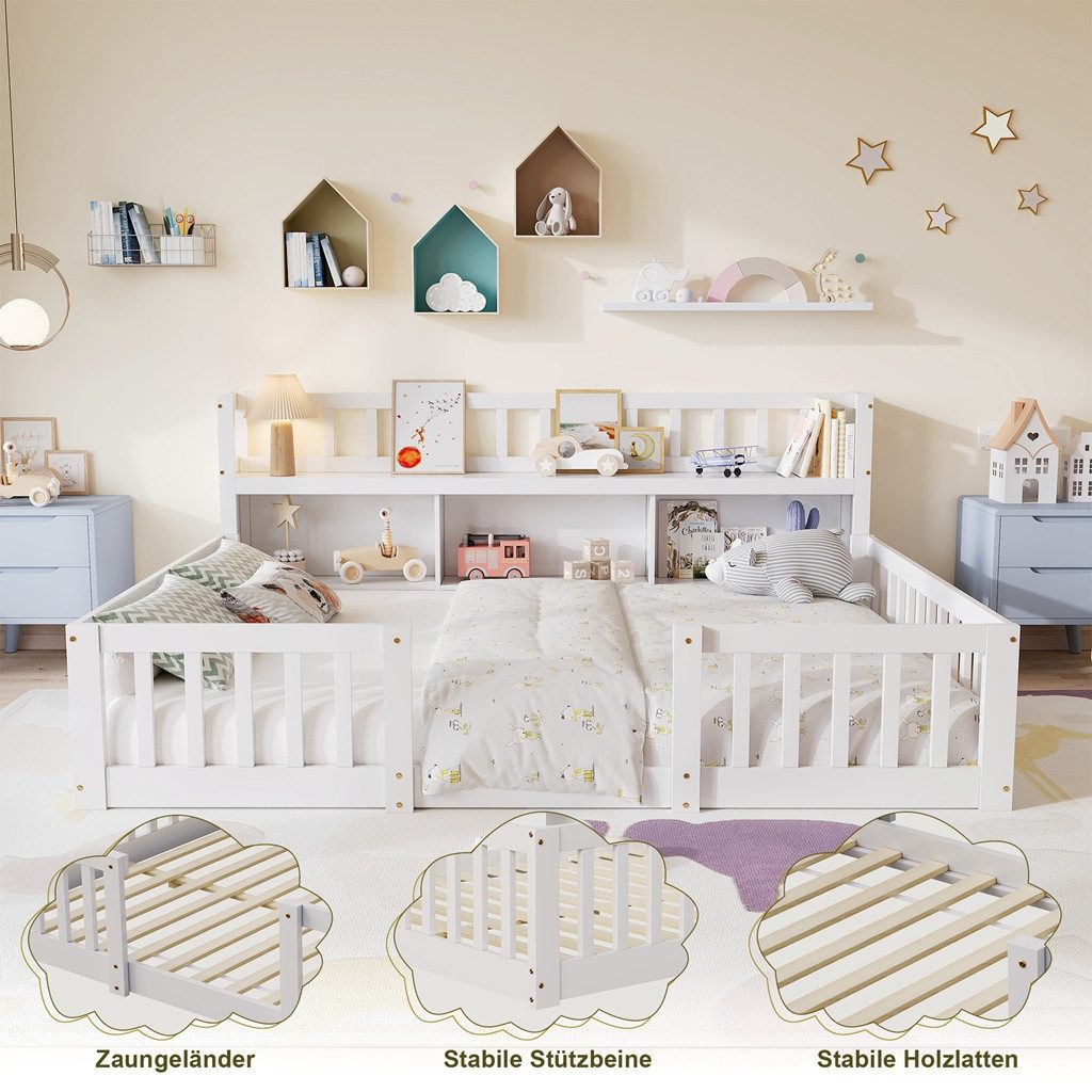 Simurq Kinderbett Bodenbett 140x200 cm, Massivholzbett mit Rausfallschutz & Lattenrost (1-tlg, Montessori Bett 140x200 mit Stauraum), Jugendbett, Bettrahmen aus – Bild 4 von 5