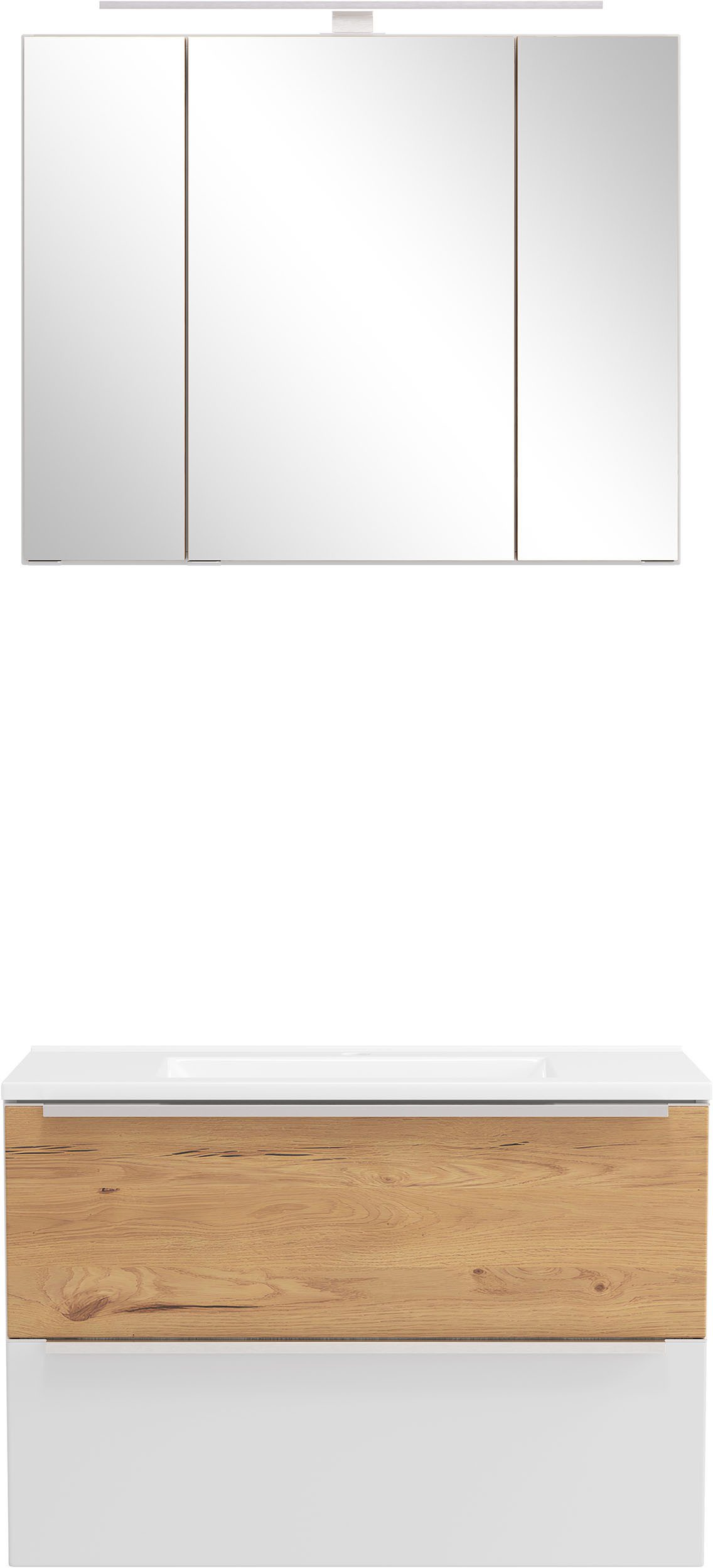 welltime Badmöbel-Set TRIENT, Set: Spiegelschrank und Waschtisch, (2-St., Maße (B/H/T): ca. 80/200/47 cm), matt weiß/wildeiche, LED-Aufbauleuchte, 2tlg. Waschtisch-Set