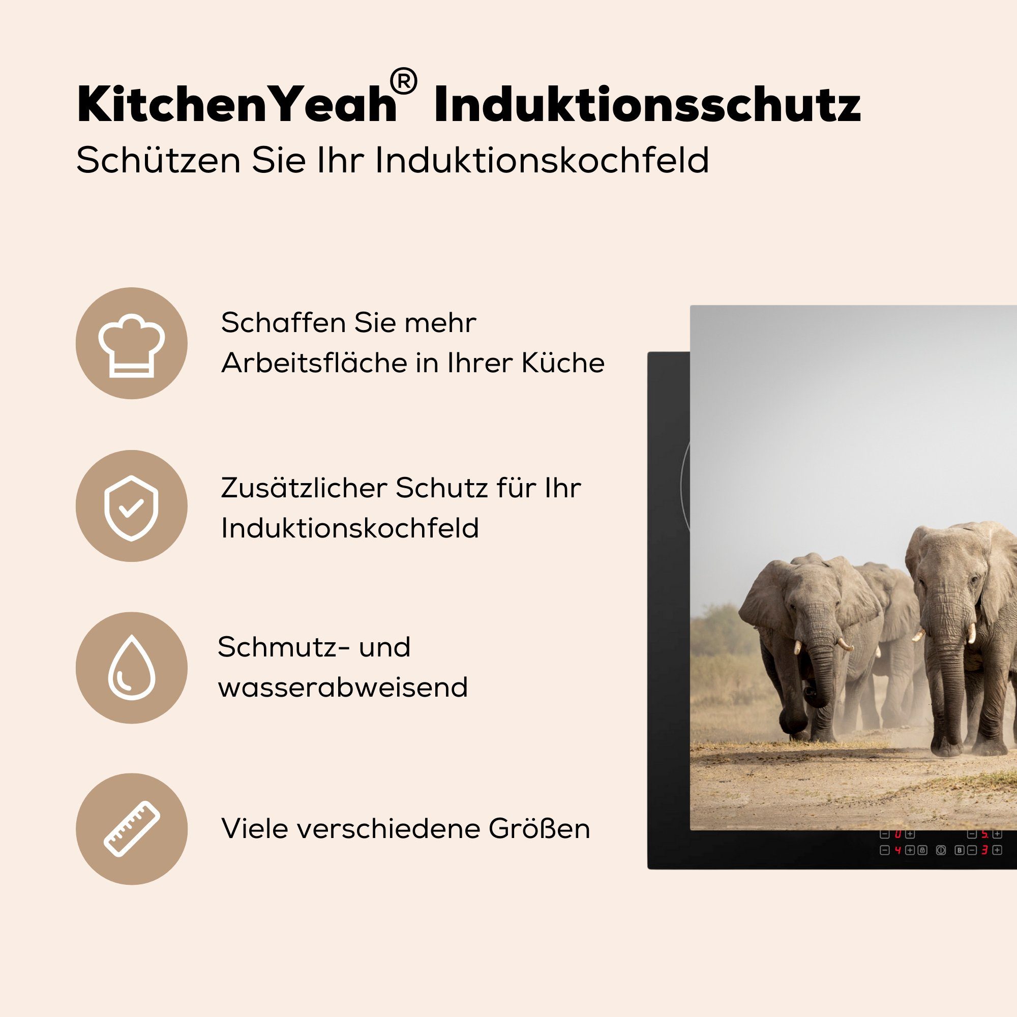 - MuchoWow Herdblende-/Abdeckplatte - Schutz Vinyl, (1 cm, die für küche, Stoff, tlg), Induktionskochfeld Afrikanisch Elefant Ceranfeldabdeckung 81x52