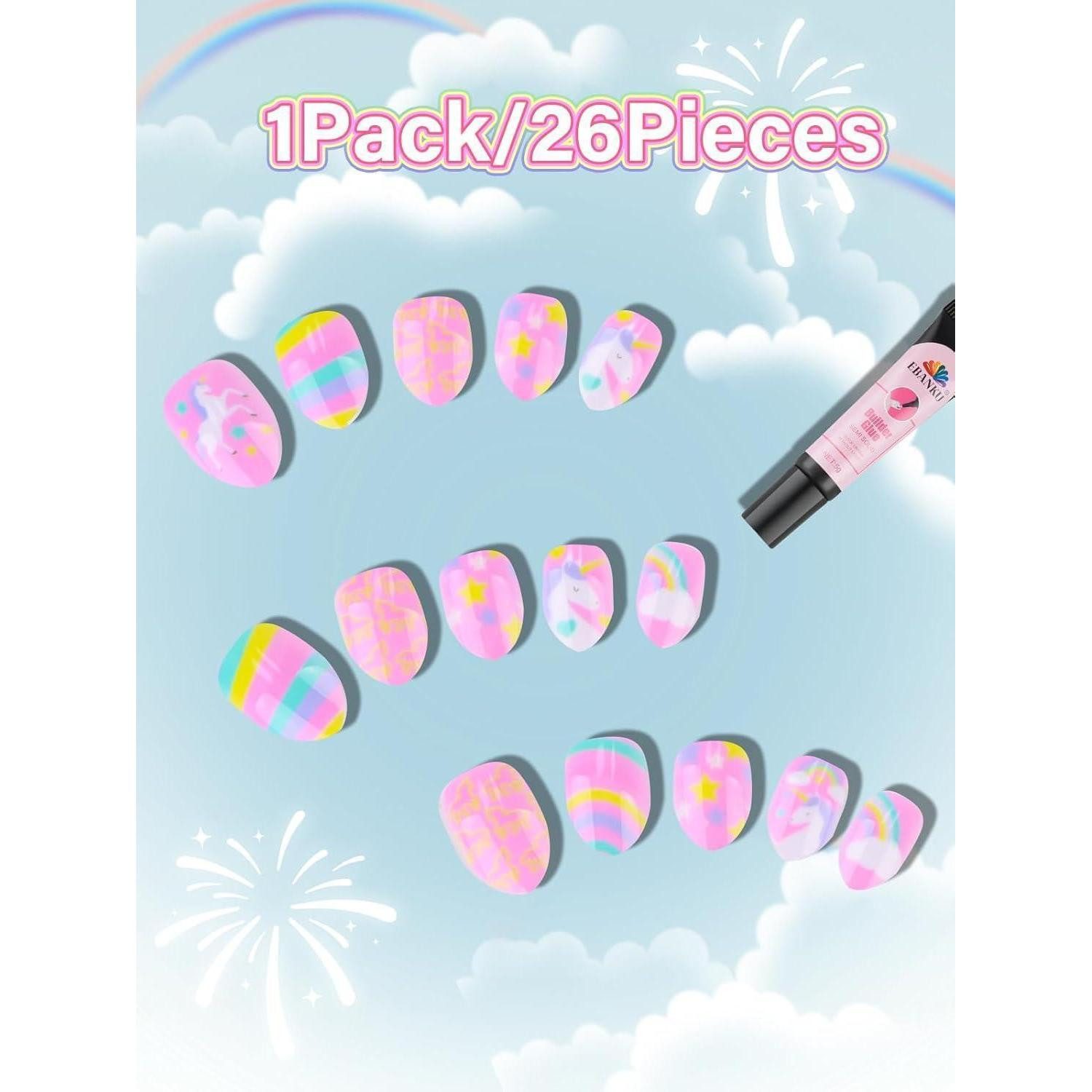 LuxusKollektion Kunstfingernägel Press On Nails 24 Stück Mandel Nagelkleber Kinder Rosa Pferd