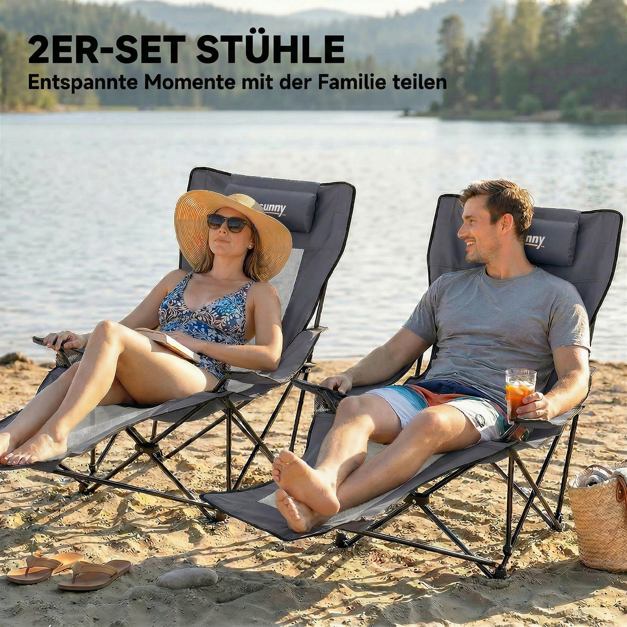 Outsunny Klappstuhl Angelstuhl mit Fußablage Getränkehalter Gartenstuhl (Campingstuhl, 2 St), Liegestuhl bis 120 kg für Erwachsene Dunkelgrau – Bild 4 von 5