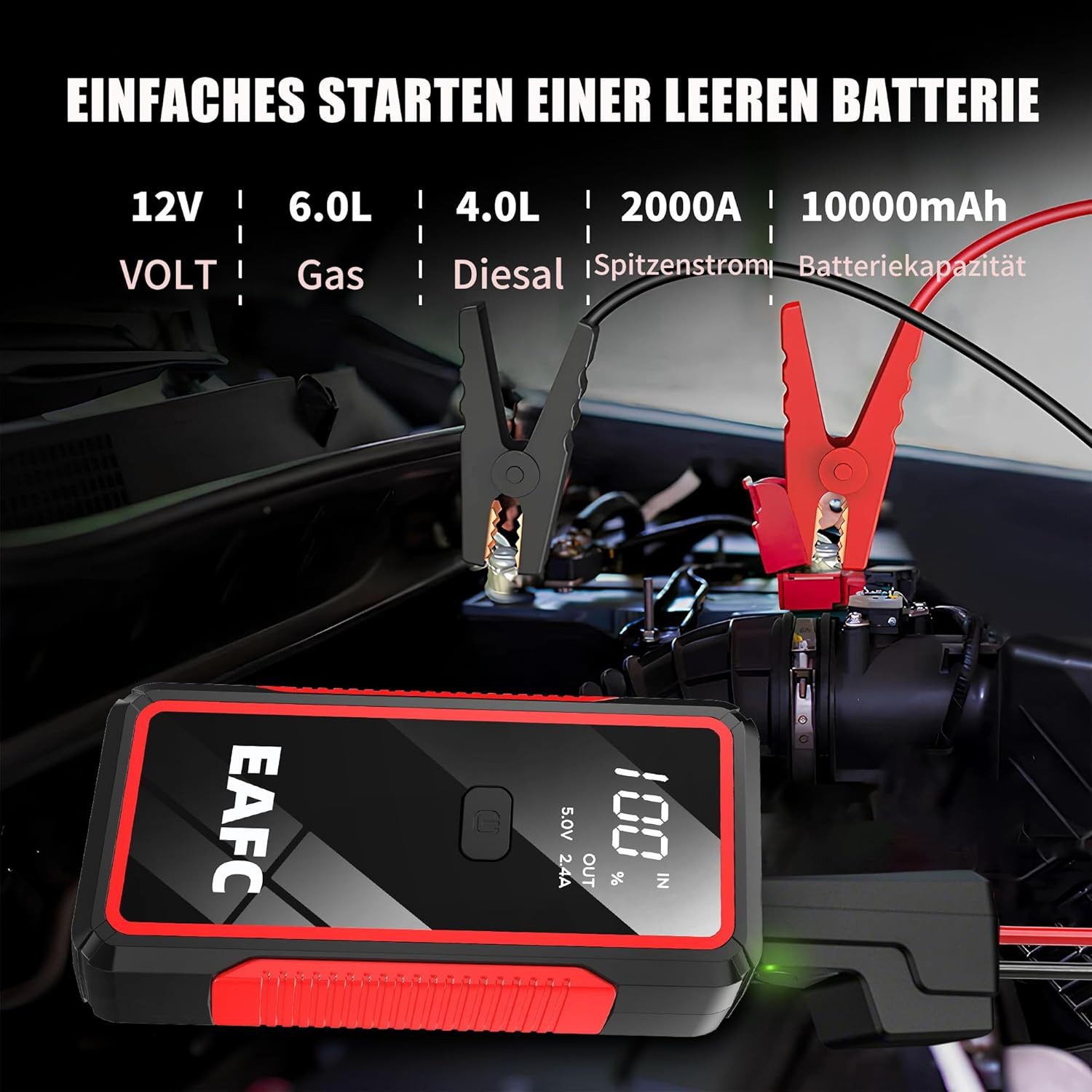 Athlix Starthilfe Powerbank 12V Auto Batterie Booster - Tragbarer Starter PKW Starthilfegerät 10000 mAh (12 V), 2000 A Spitzenstrom, 8-facher Sicherheitsschutz, 3-in-1 LED-Notlicht