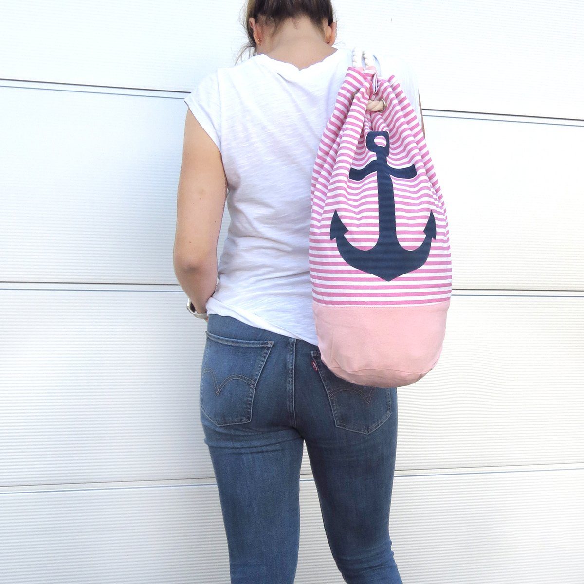 Originelli XL gestreift Seesack Anker rosa-marine Sonia maritim Umhängetasche Tasche