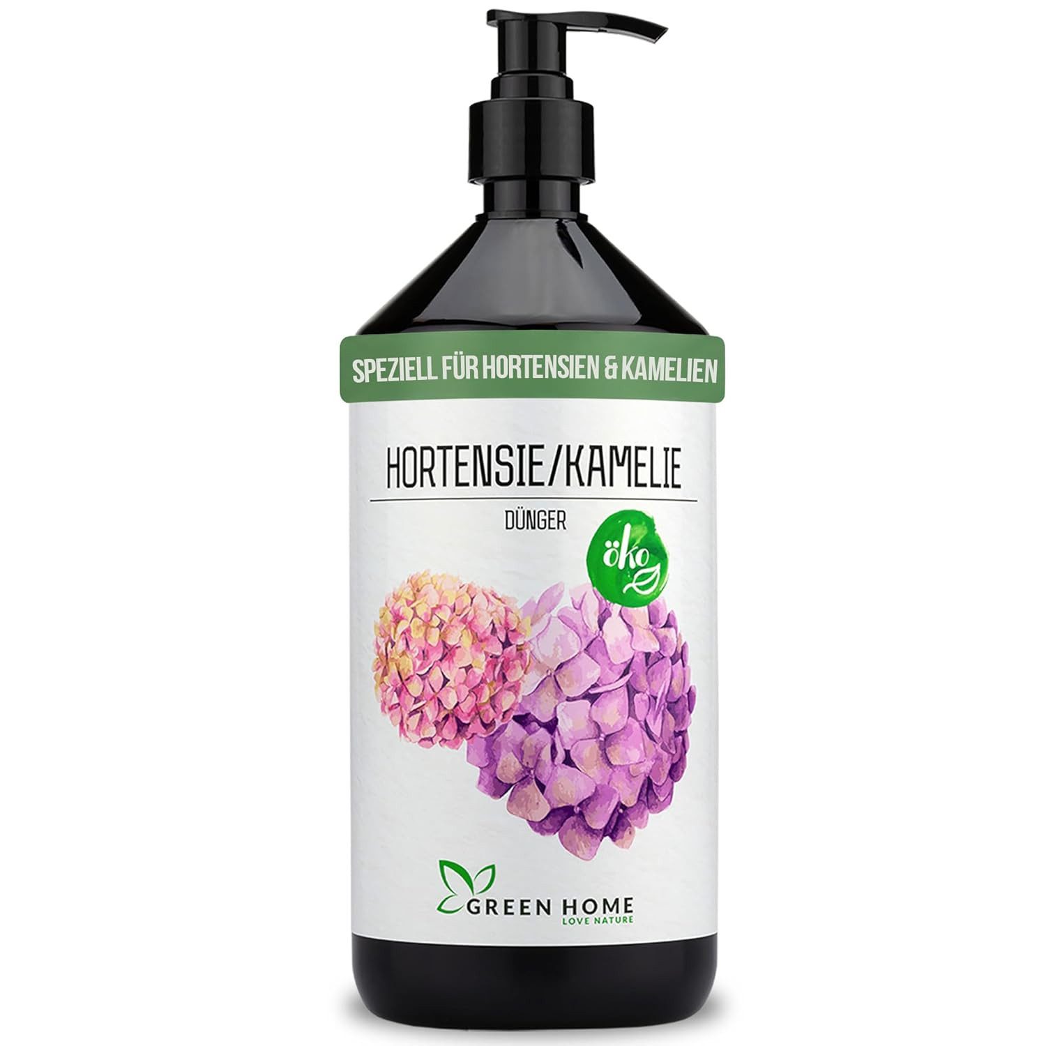 GREEN HOME LOVE NATURE Blumendünger Flüssigdünger NPK 5+5+7 für Hortensien, Kamelien & Moorbeetpflanzen, Hortensie & Kamelie, NPK 5+5+7, Spurennährstoffe, chelatiert, Dosierpumpe