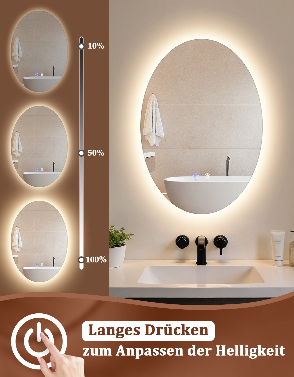 ZMH Badspiegel Spiegel Oval Badspiegel mit Beleuchtung - LED Badezimmerspiegel (1x Badspiegelleuchte), Wandspiegel Badezimmer mit Touch-Schalter Entfogger-Funktion Dimmbar