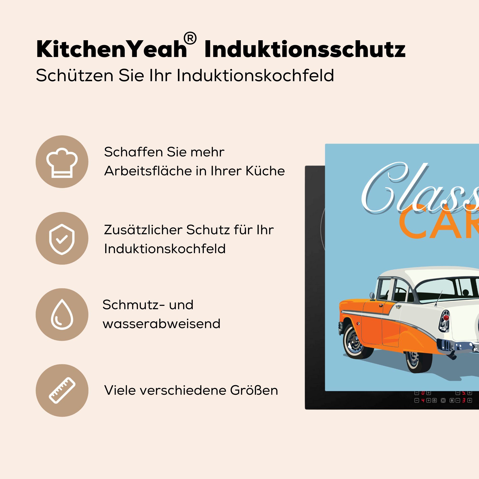 Vinyl, tlg), 78x78 (1 Autos eines für Herdblende-/Abdeckplatte MuchoWow Ceranfeldabdeckung, amerikanischen in Orange, küche Illustration Arbeitsplatte cm,