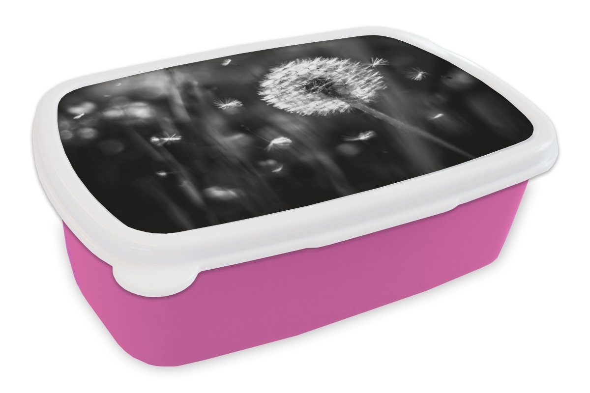 MuchoWow Lunchbox Brotdose Kinder, für Kunststoff Mädchen, Schwarz - Kunststoff, (2-tlg), rosa Snackbox, - Erwachsene, Brotbox Pflanze, - Weiß Löwenzahn